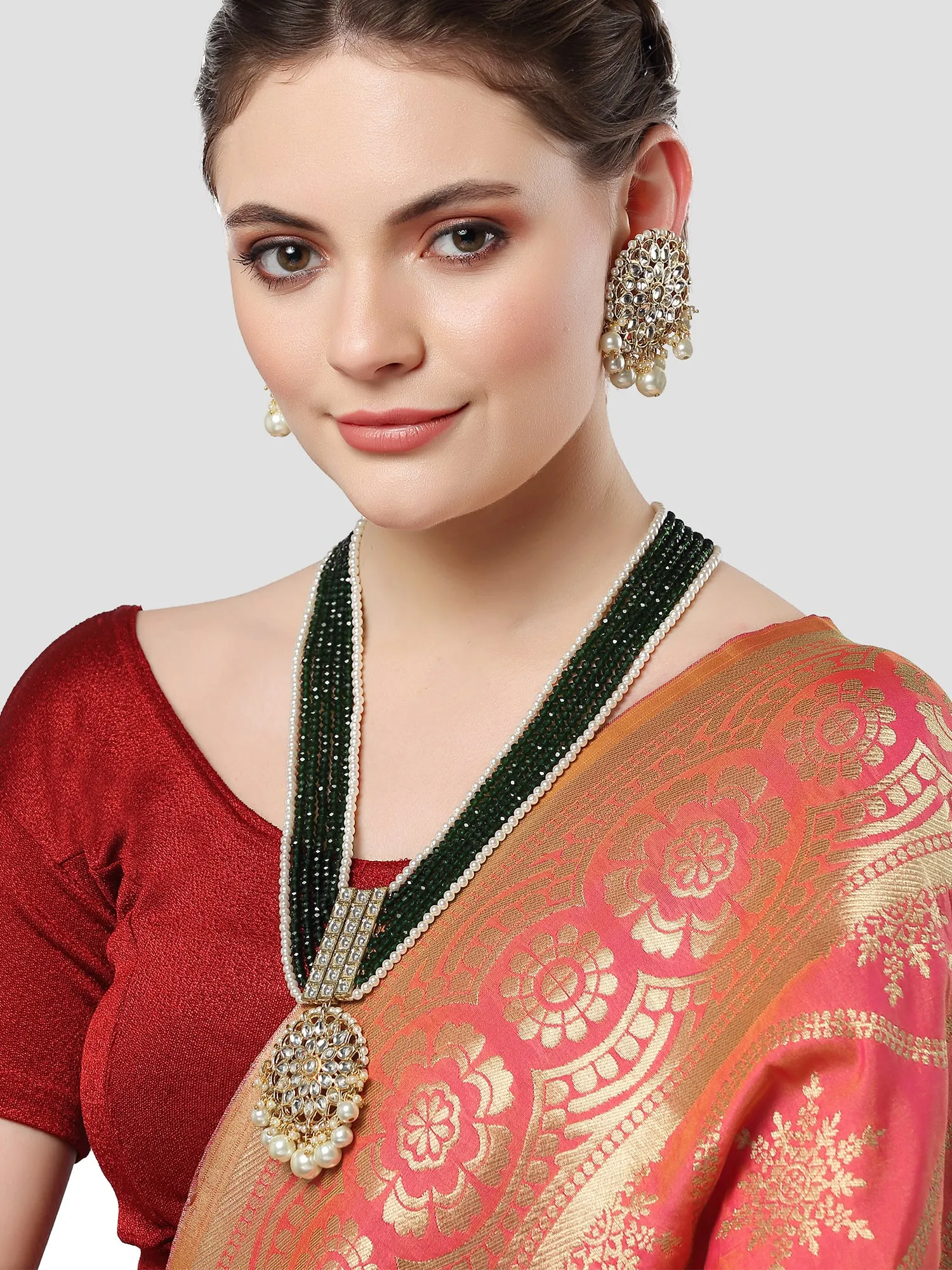 Karatcart Gold Plated Green Crystal and Pearl Studded Kundan Rani Haar Necklace Set for Women