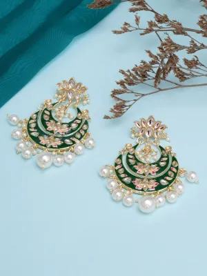 Karatcart Gold Plated Green Meena Lotus Design Pearl Studded Chandbali Earrings for Women