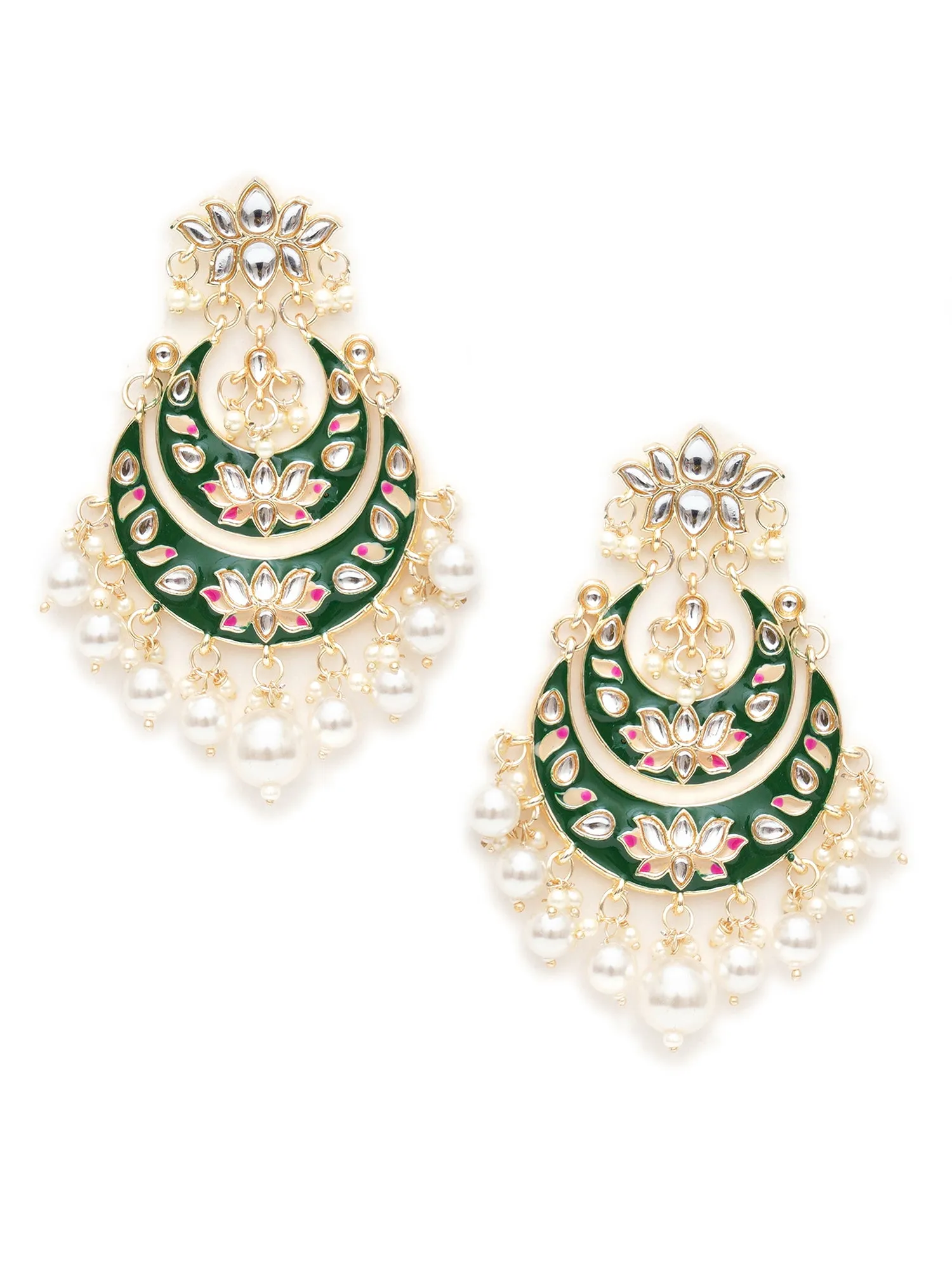 Karatcart Gold Plated Green Meena Lotus Design Pearl Studded Chandbali Earrings for Women