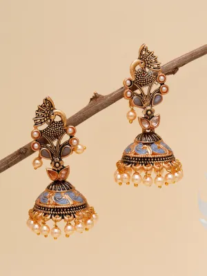 Karatcart Gold Plated Grey Stone Studded Peacock Shape Jhumki Earrings for Women