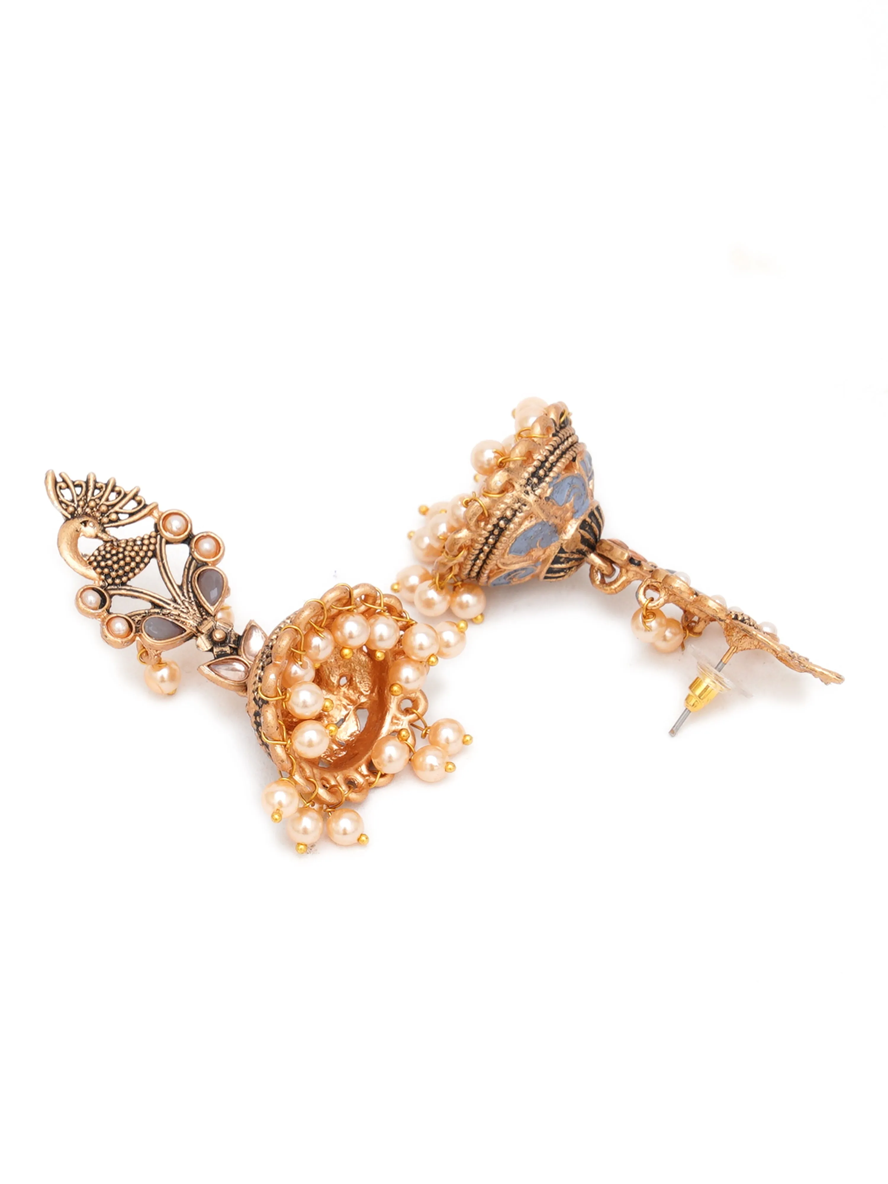 Karatcart Gold Plated Grey Stone Studded Peacock Shape Jhumki Earrings for Women