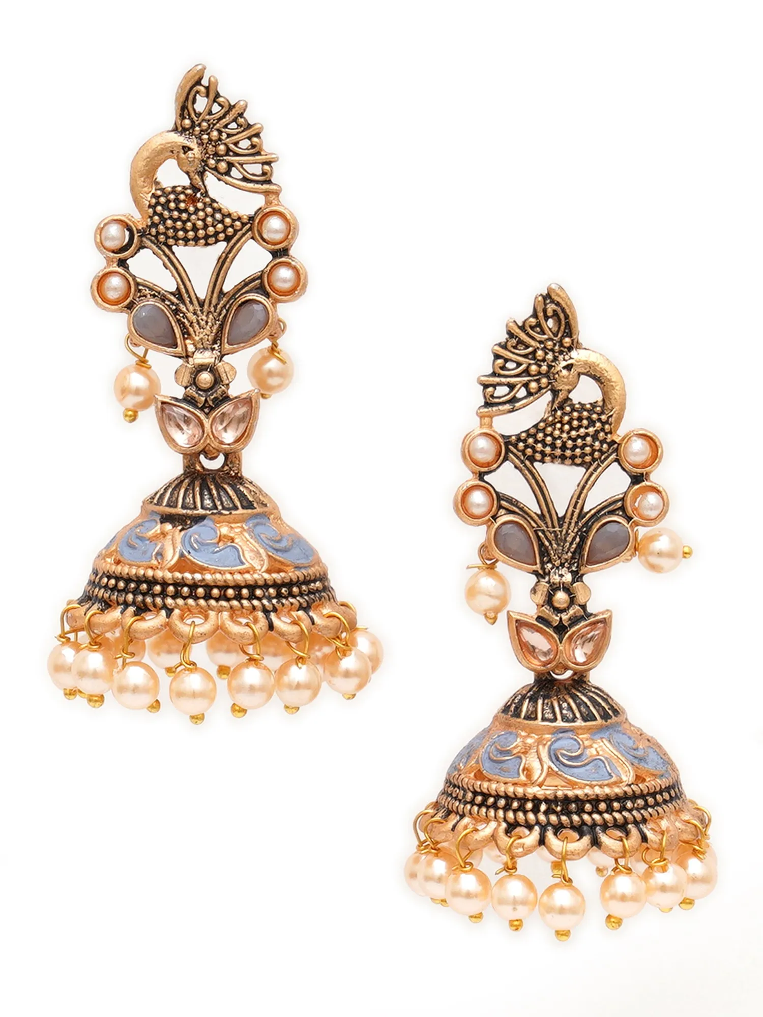 Karatcart Gold Plated Grey Stone Studded Peacock Shape Jhumki Earrings for Women