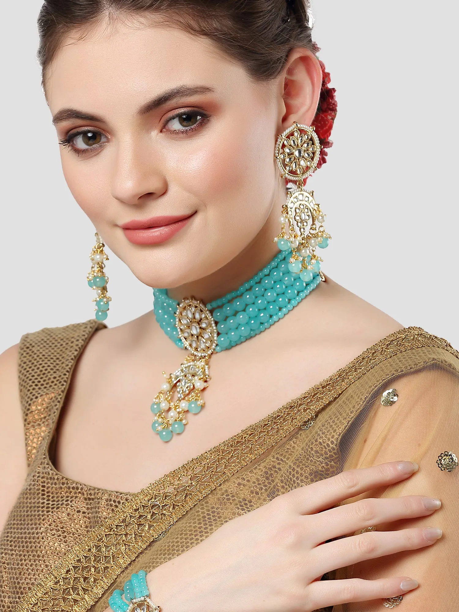 Karatcart Gold Plated Light Blue Beads Kundan Choker Necklace Set with Bracelet for Women