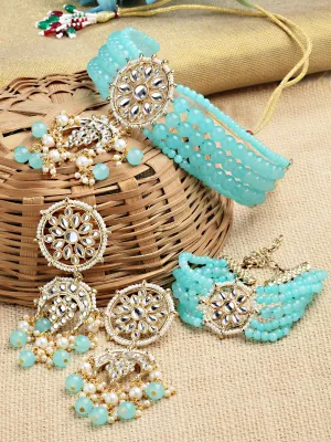 Karatcart Gold Plated Light Blue Beads Kundan Choker Necklace Set with Bracelet for Women