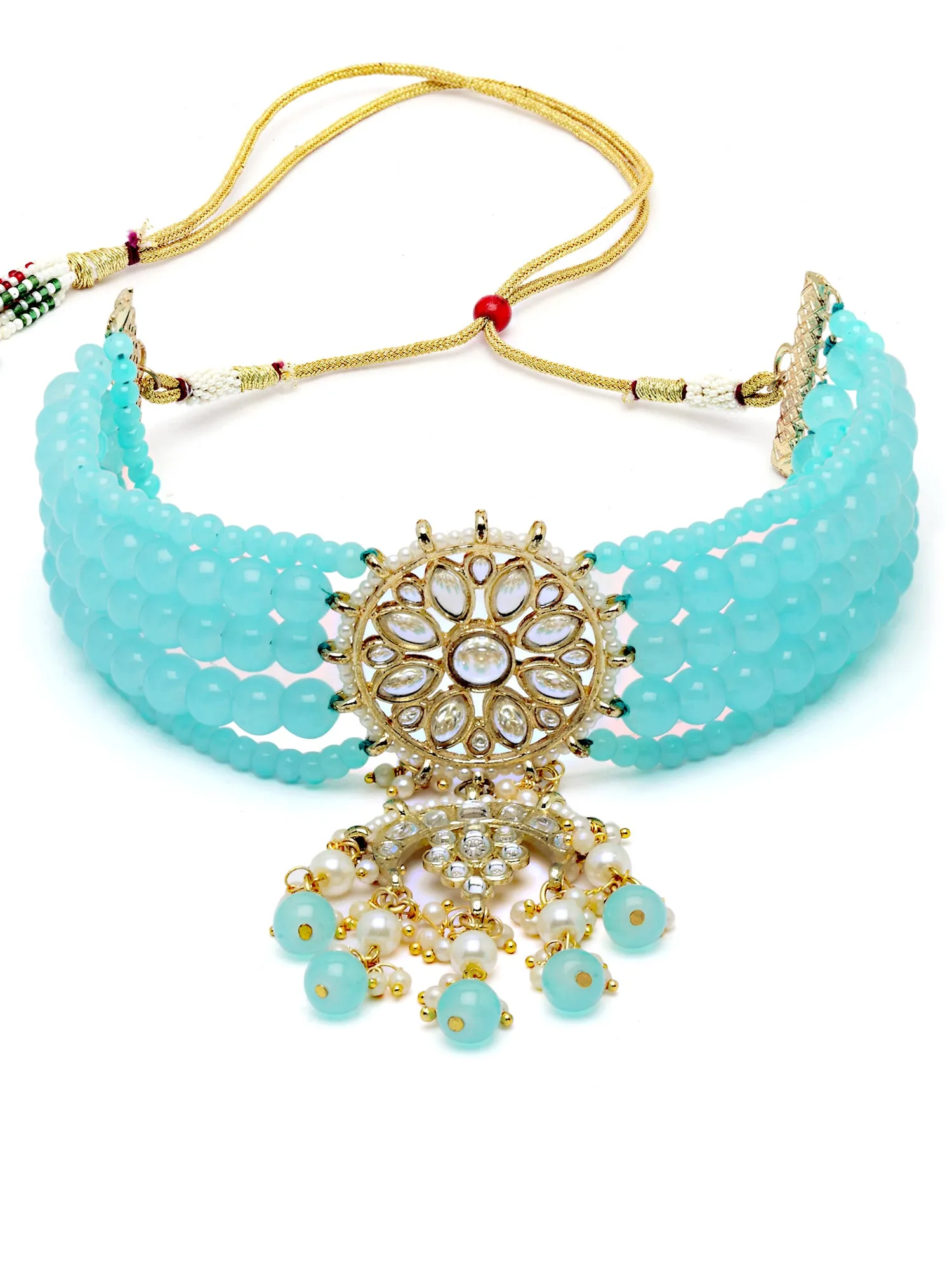Karatcart Gold Plated Light Blue Beads Kundan Choker Necklace Set with Bracelet for Women