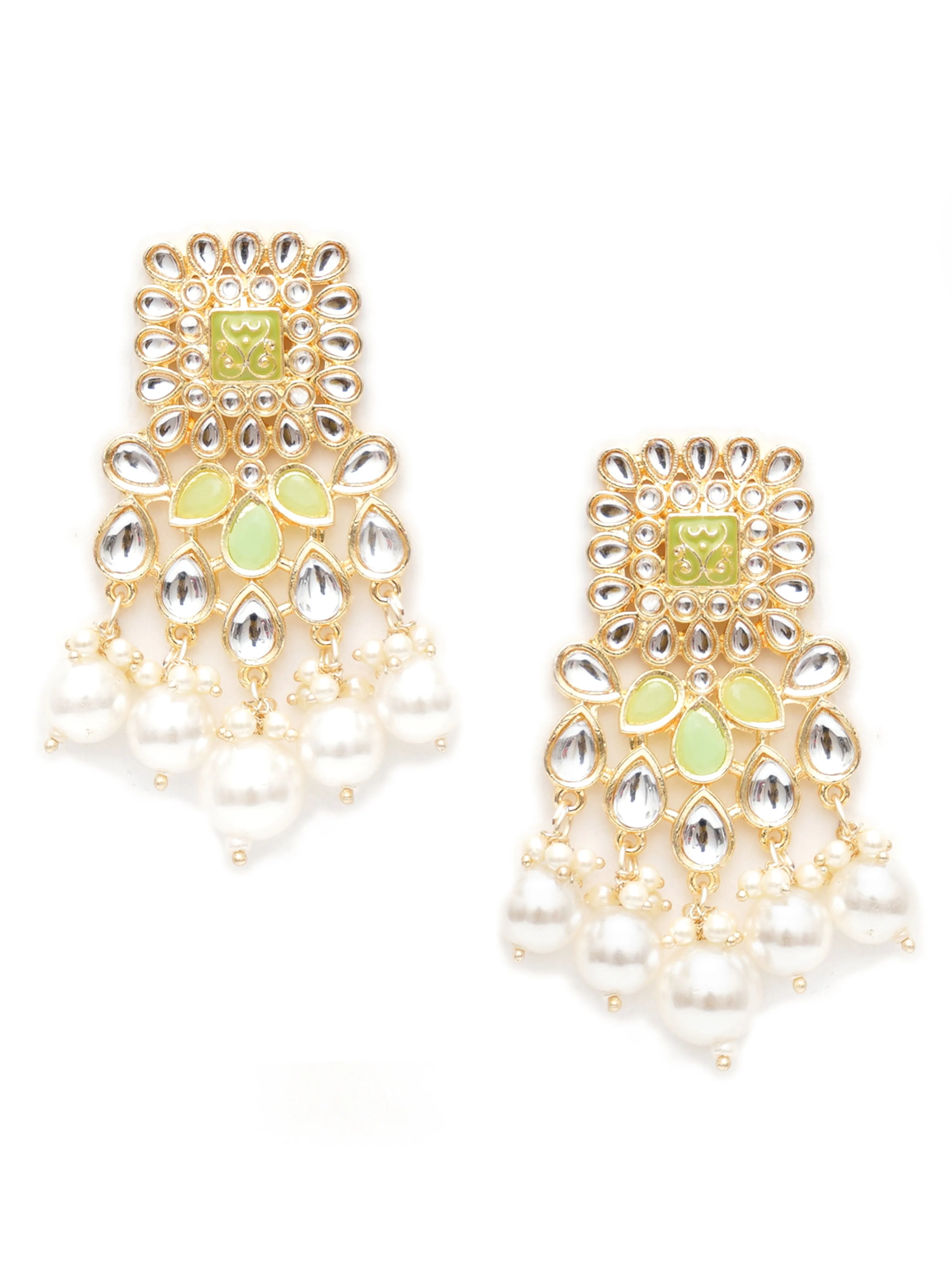 Karatcart Gold Plated Light Green and Pearl Studded Kundan Dangler Earrings for Women