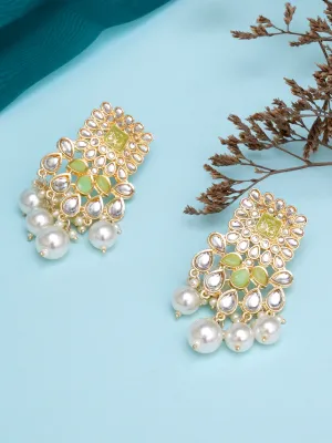 Karatcart Gold Plated Light Green and Pearl Studded Kundan Dangler Earrings for Women