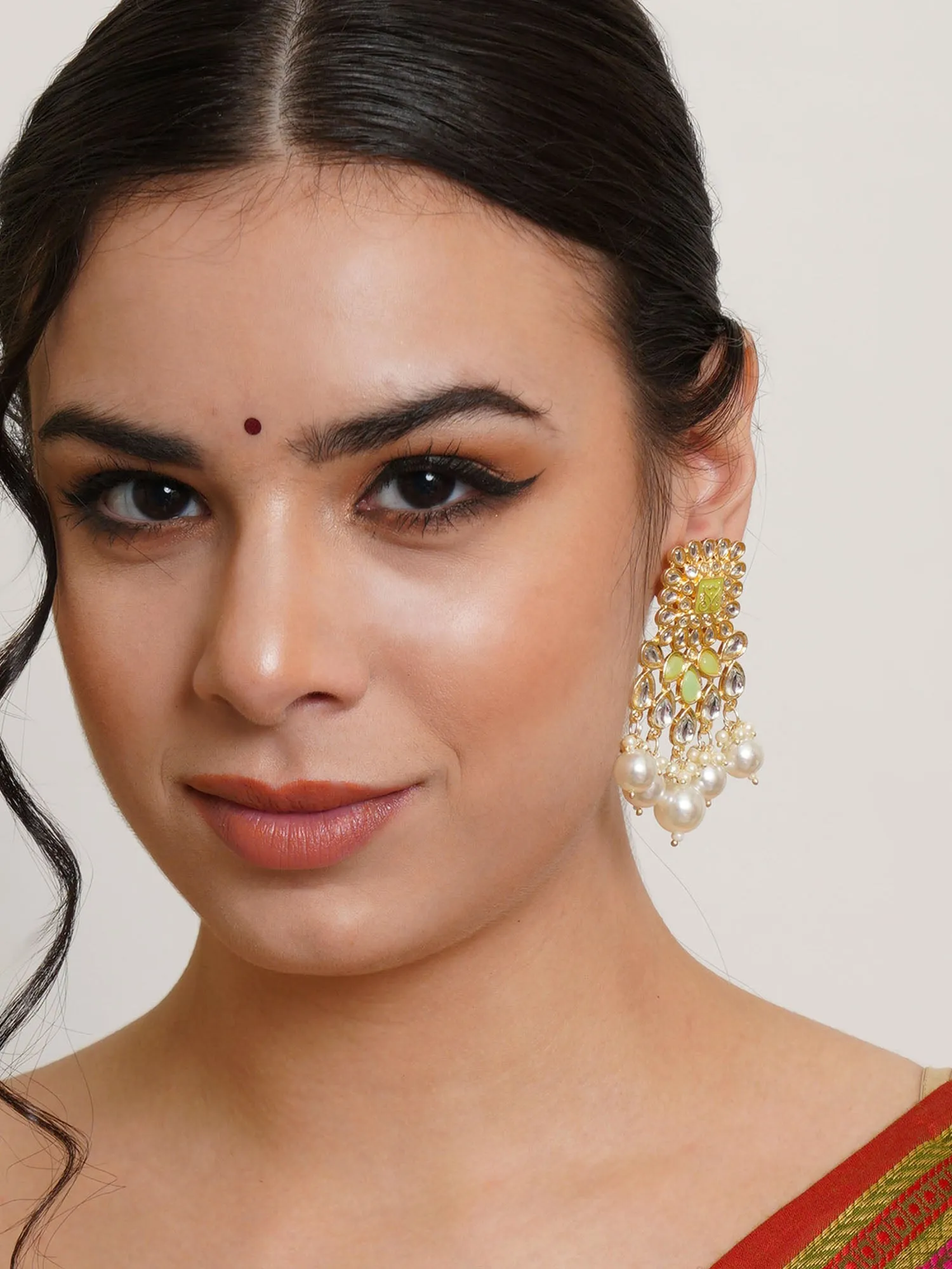 Karatcart Gold Plated Light Green and Pearl Studded Kundan Dangler Earrings for Women