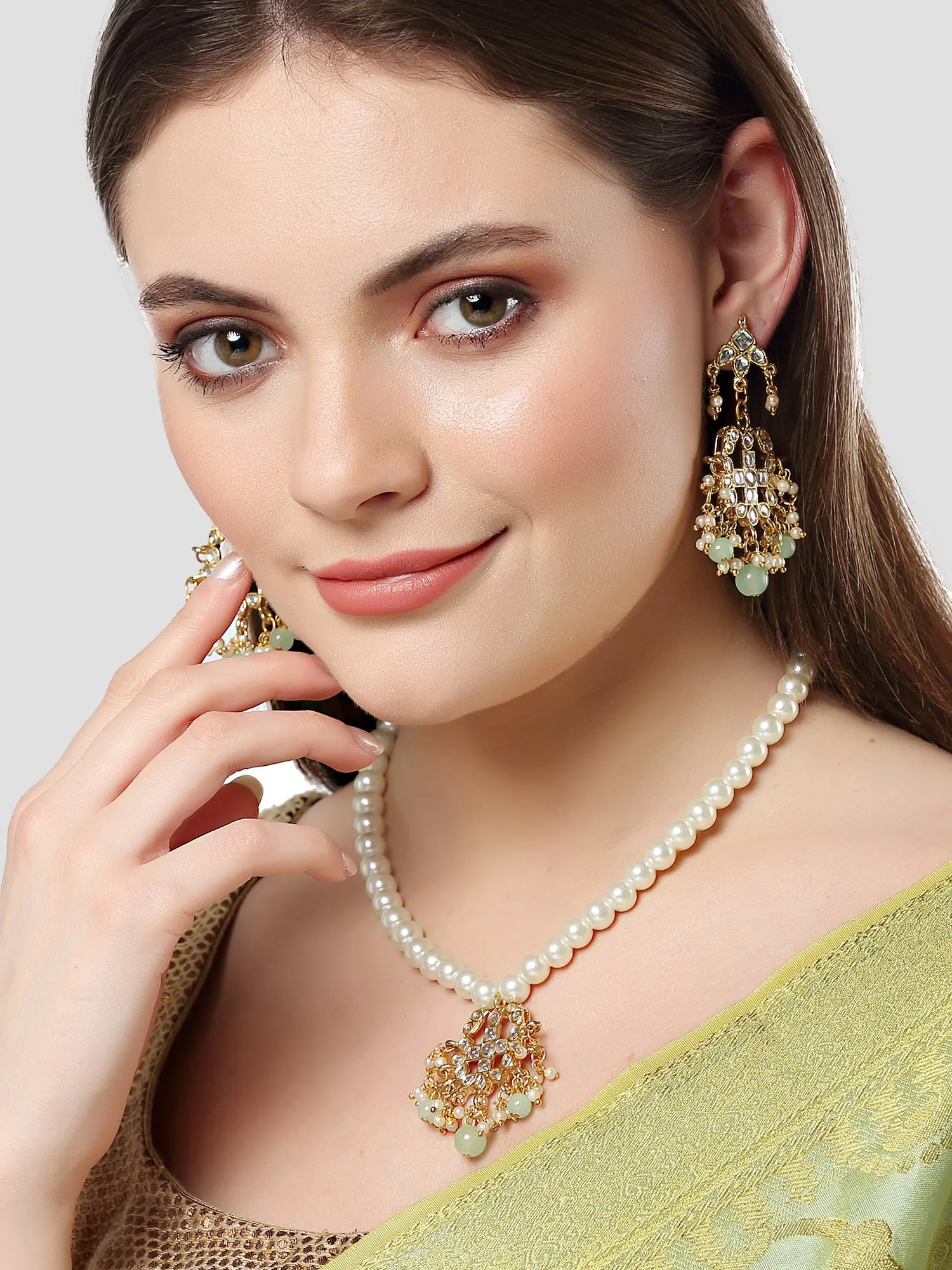 Karatcart Gold Plated Light Green Beads and Pearl Studded Kundan Necklace Set for Women