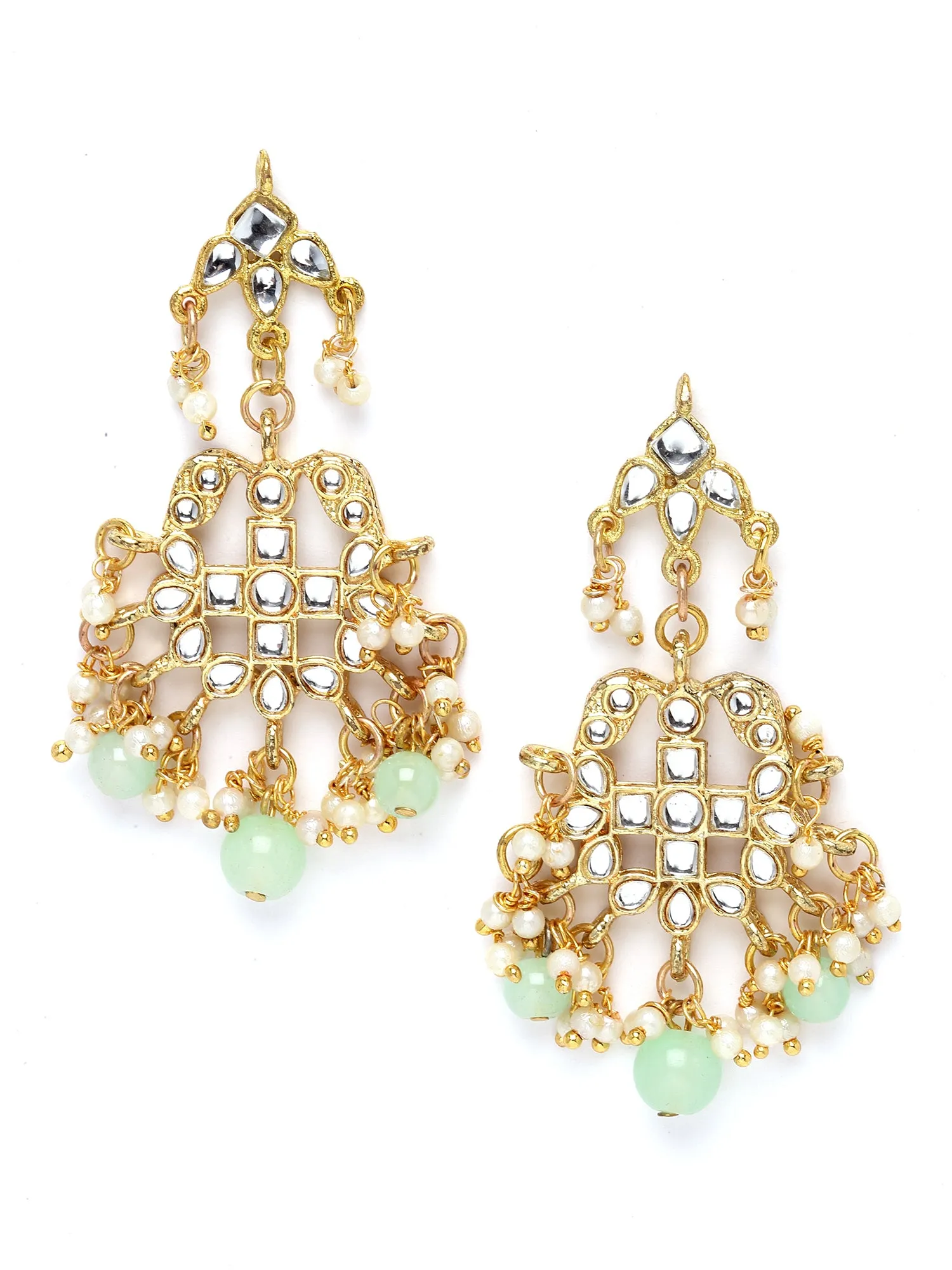 Karatcart Gold Plated Light Green Beads and Pearl Studded Kundan Necklace Set for Women