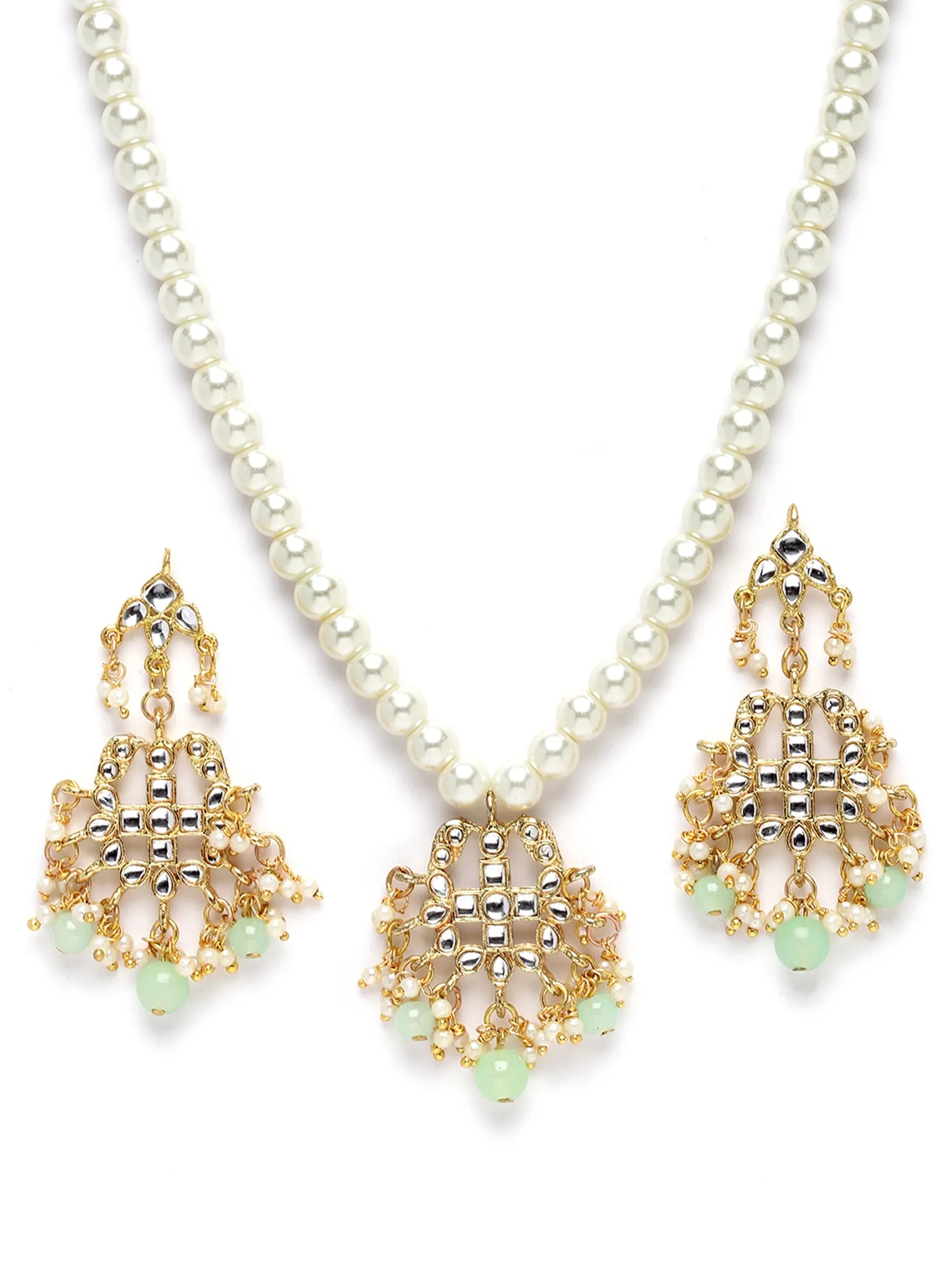 Karatcart Gold Plated Light Green Beads and Pearl Studded Kundan Necklace Set for Women