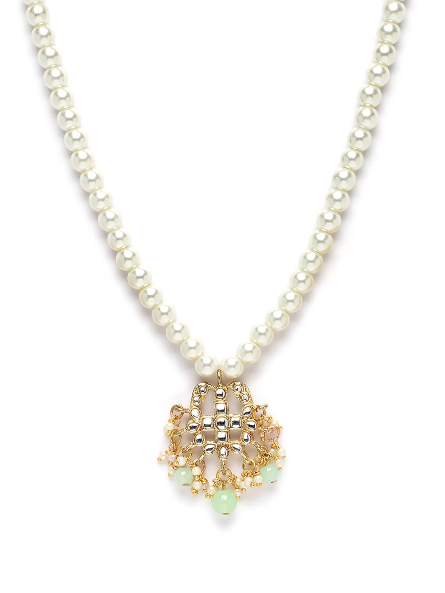 Karatcart Gold Plated Light Green Beads and Pearl Studded Kundan Necklace Set for Women