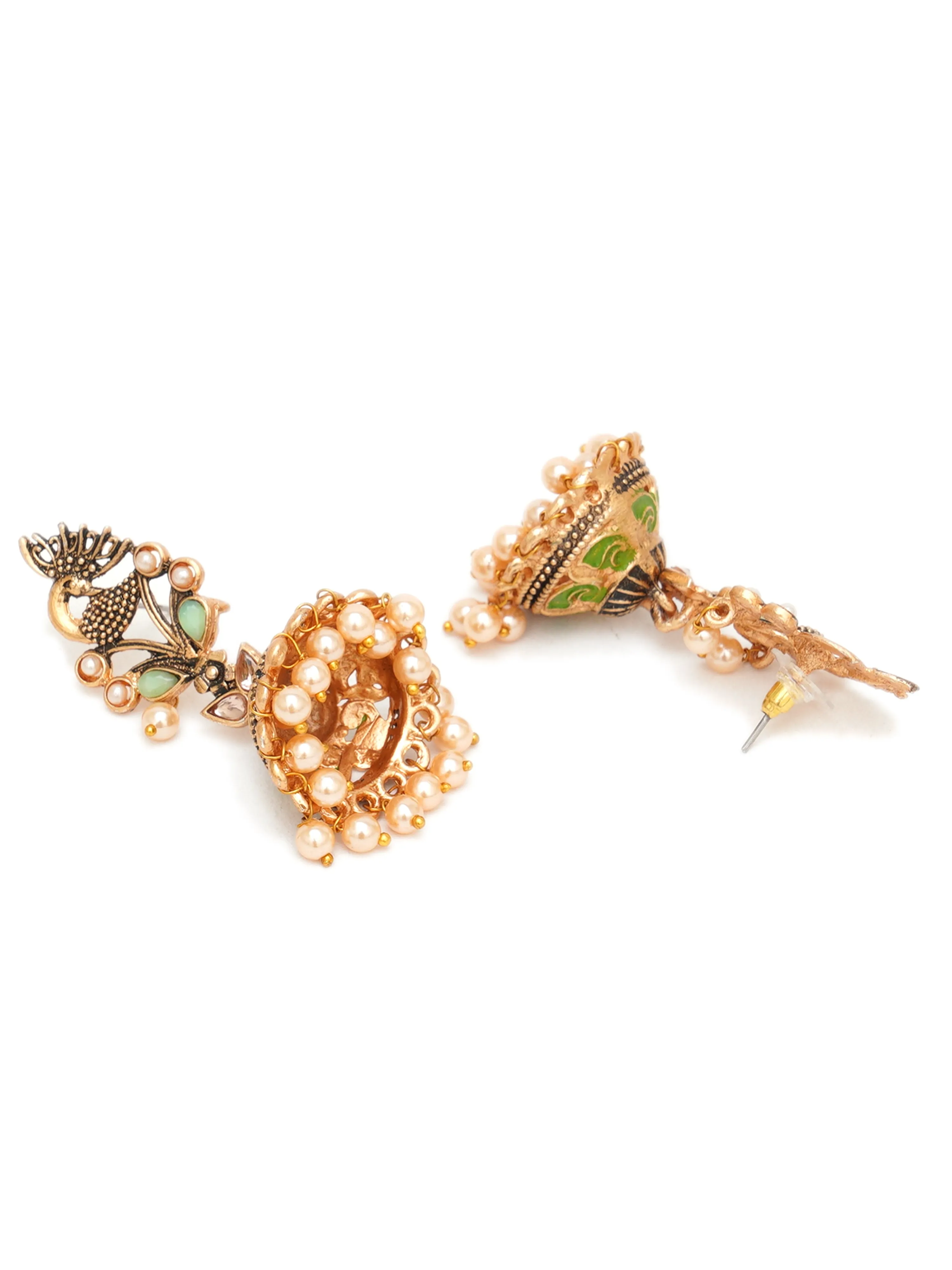 Karatcart Gold Plated Light Green Stone Studded Peacock Shape Jhumki Earrings for Women