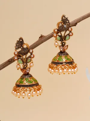 Karatcart Gold Plated Light Green Stone Studded Peacock Shape Jhumki Earrings for Women