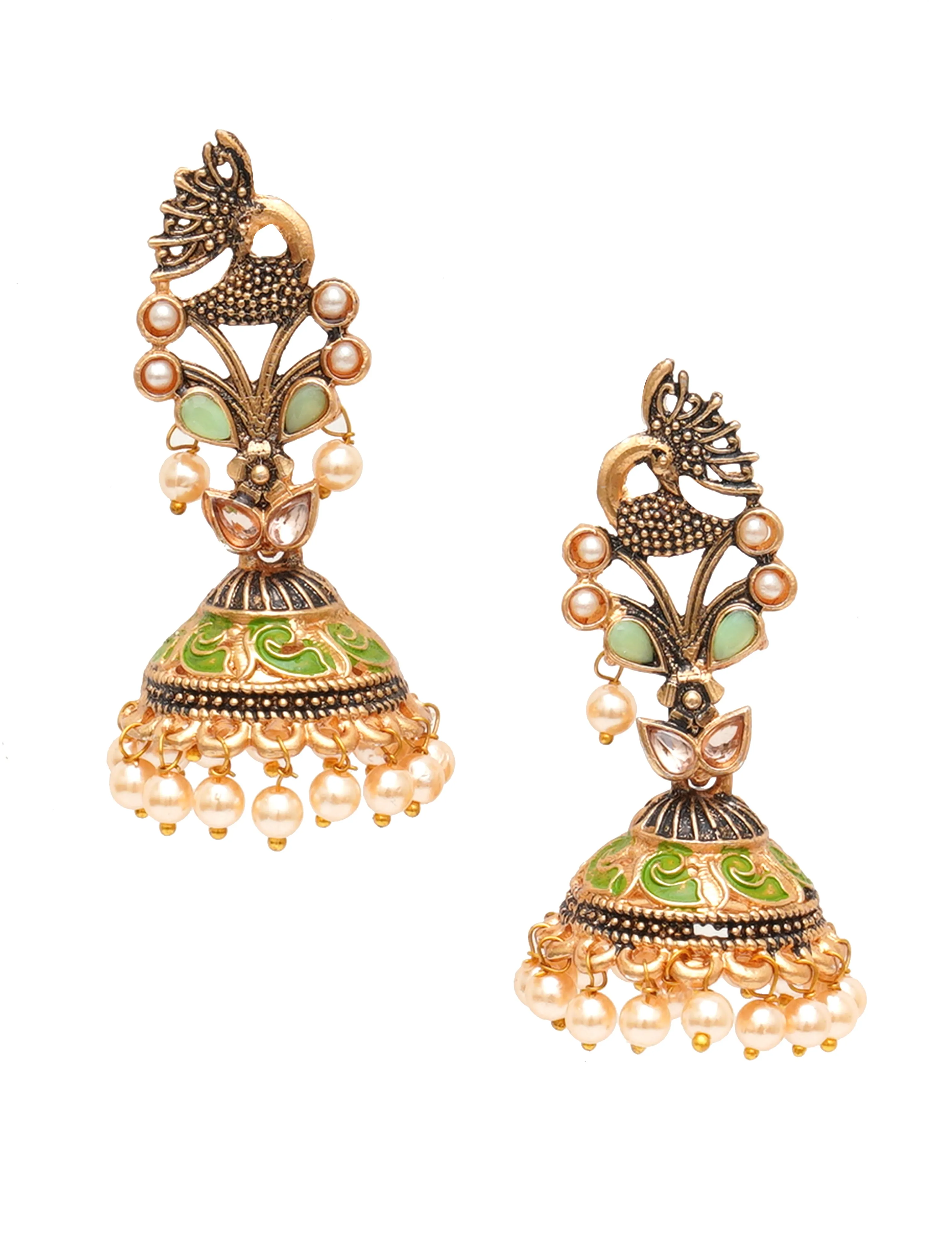 Karatcart Gold Plated Light Green Stone Studded Peacock Shape Jhumki Earrings for Women