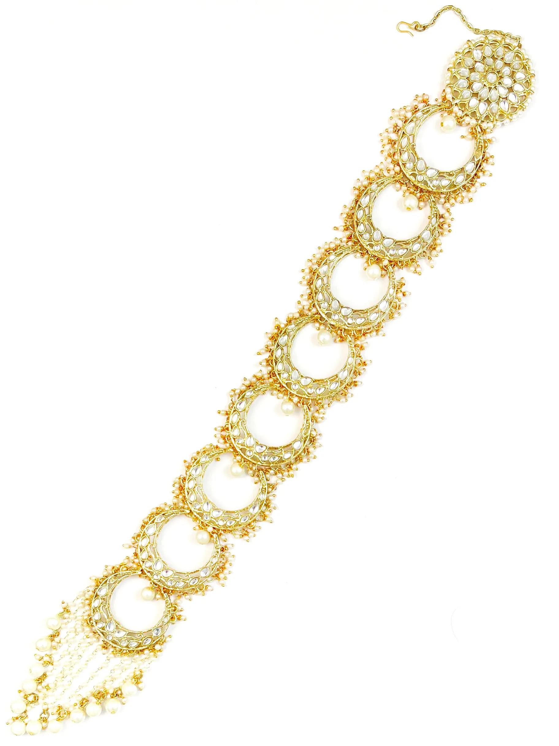 Karatcart Gold Plated Moon Shape Pearl and Kundan Studded Bridal Wedding Hair Braid Choti