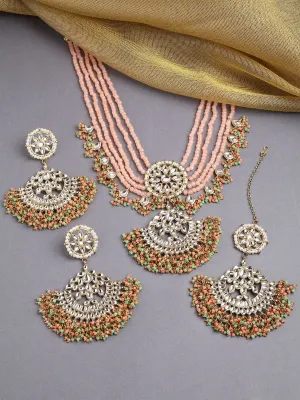 Karatcart Gold Plated Peach and Green Crystals Studded Kundan Rani-Haar Necklace Set for Women