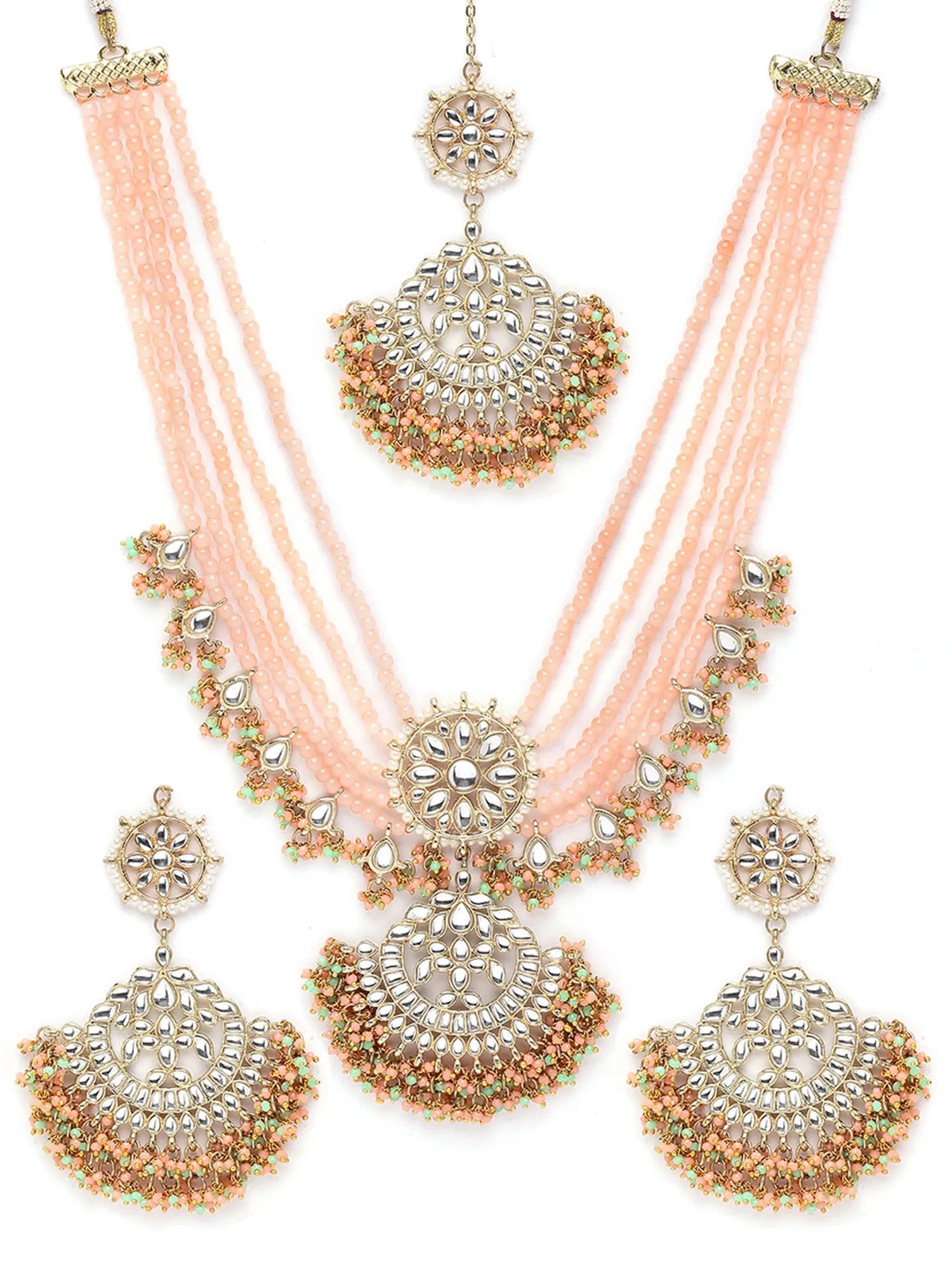 Karatcart Gold Plated Peach and Green Crystals Studded Kundan Rani-Haar Necklace Set for Women