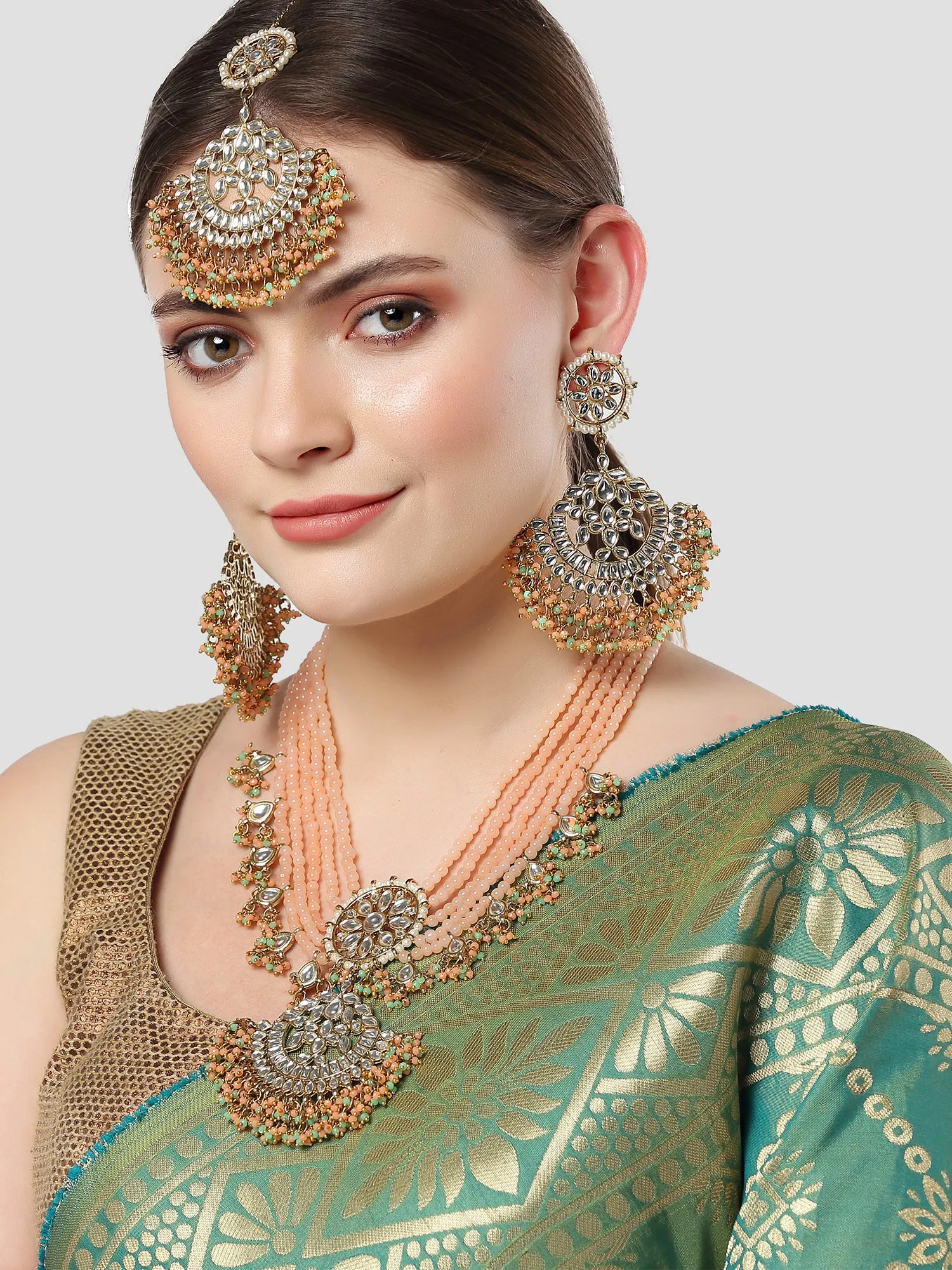 Karatcart Gold Plated Peach and Green Crystals Studded Kundan Rani-Haar Necklace Set for Women