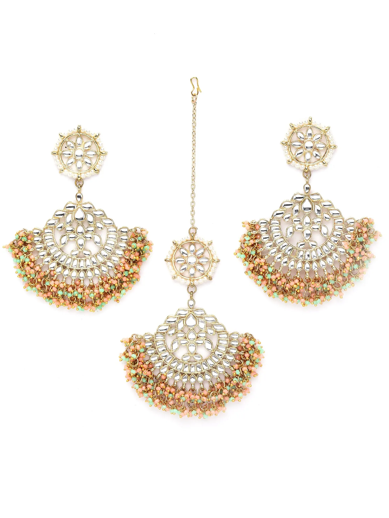 Karatcart Gold Plated Peach and Green Crystals Studded Kundan Rani-Haar Necklace Set for Women