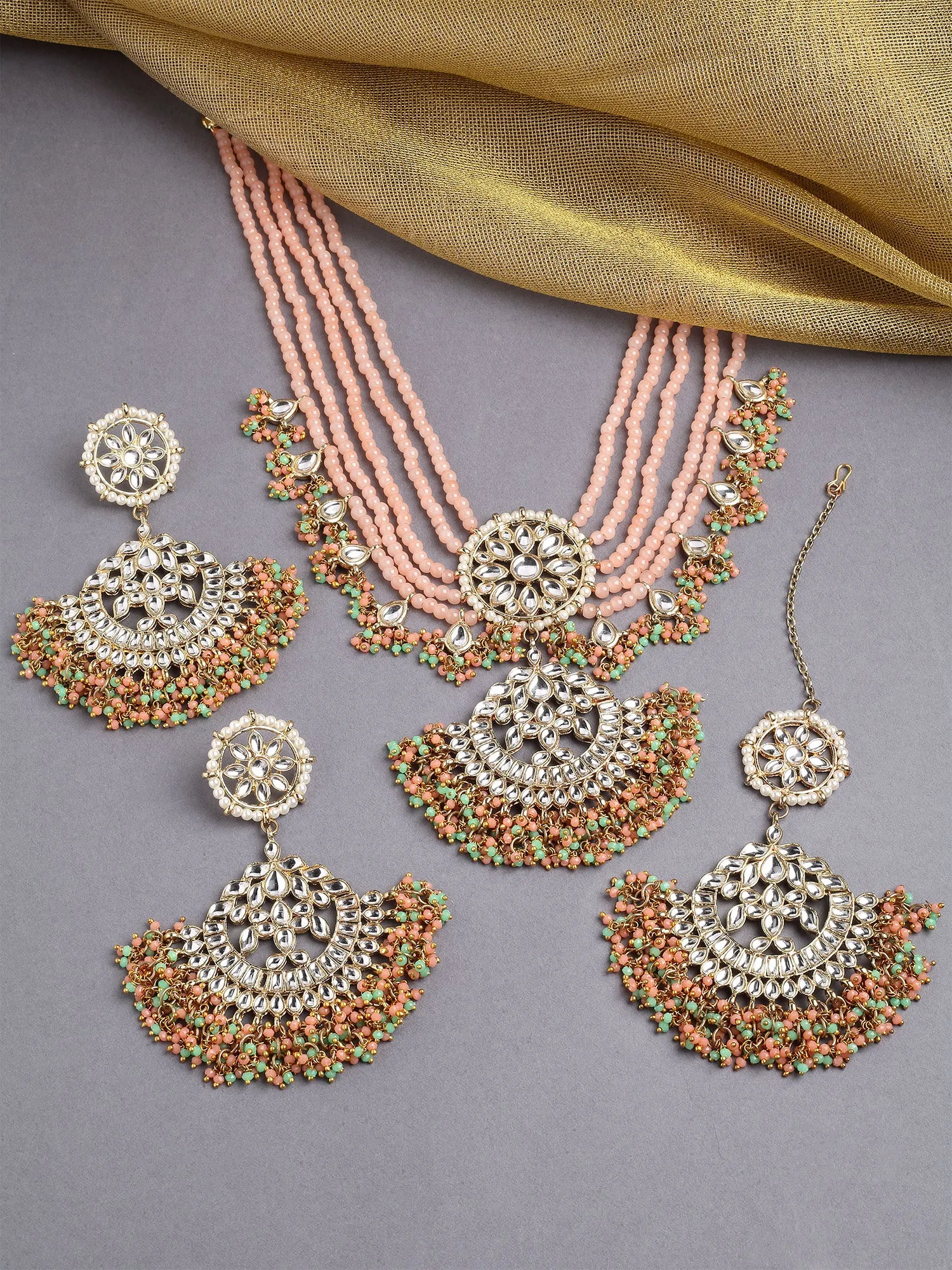 Karatcart Gold Plated Peach and Green Crystals Studded Kundan Rani-Haar Necklace Set for Women