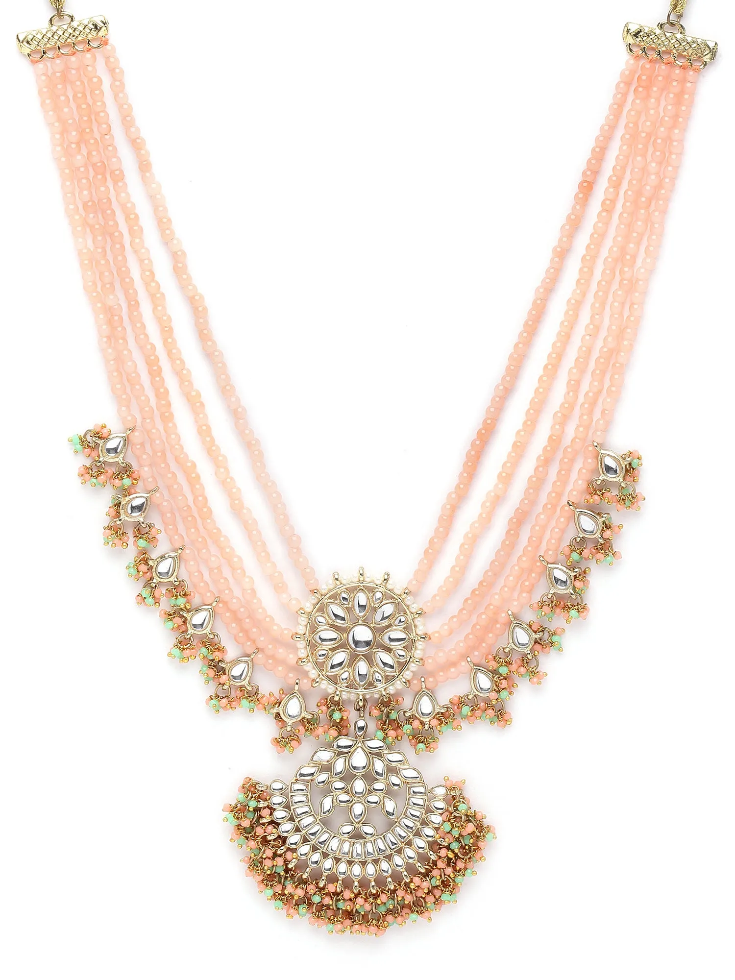 Karatcart Gold Plated Peach and Green Crystals Studded Kundan Rani-Haar Necklace Set for Women