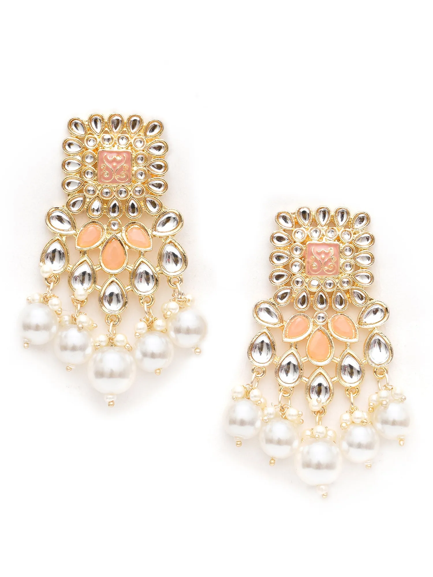 Karatcart Gold Plated Peach and Pearl Studded Kundan Dangler Earrings for Women