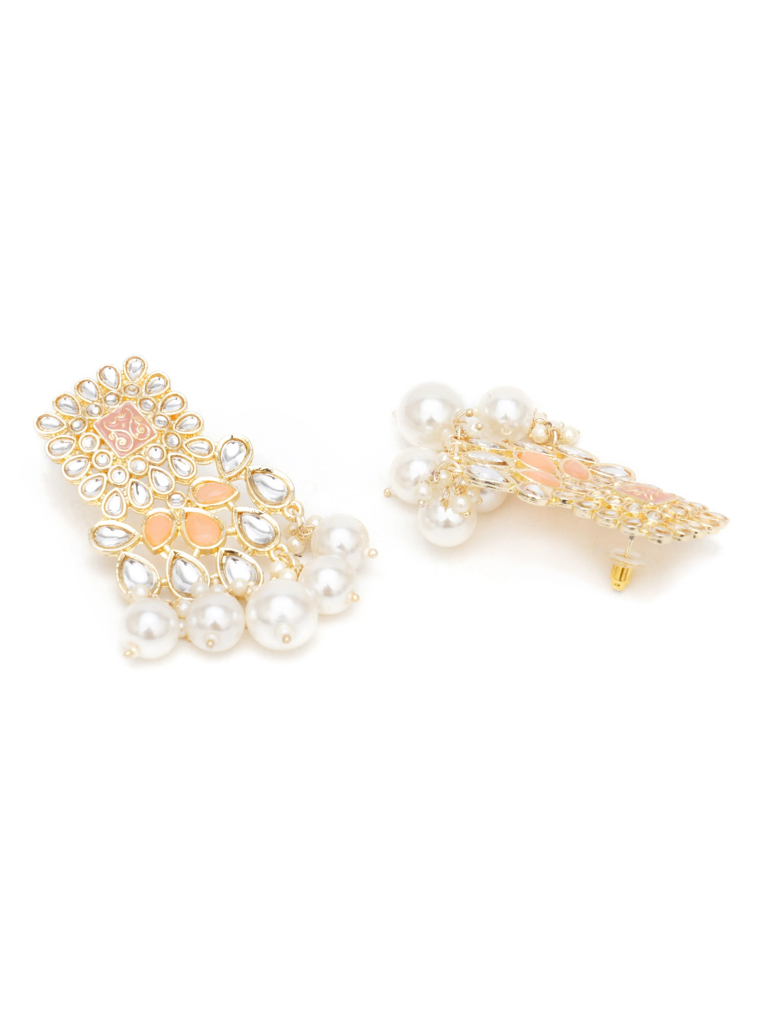 Karatcart Gold Plated Peach and Pearl Studded Kundan Dangler Earrings for Women