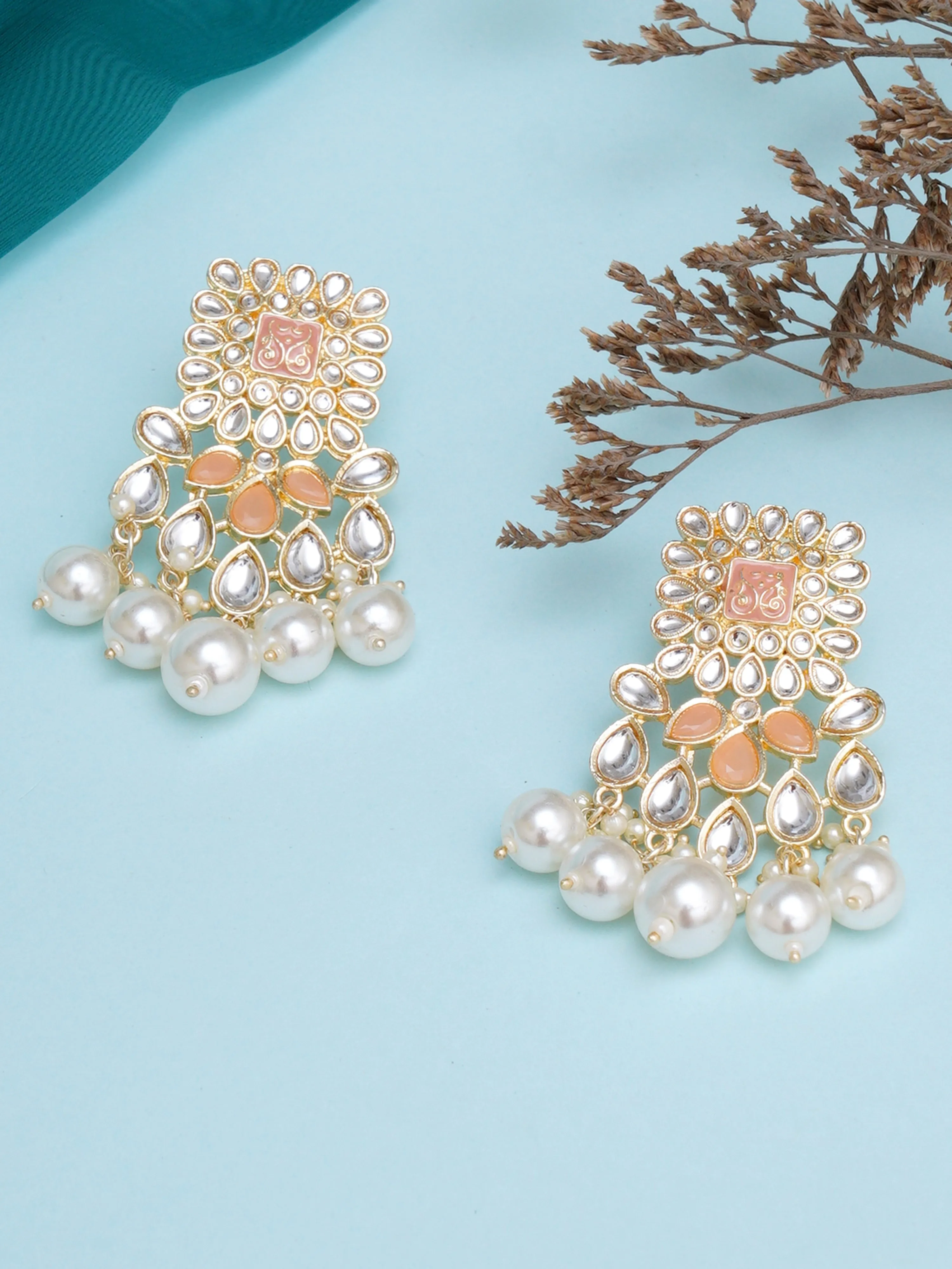 Karatcart Gold Plated Peach and Pearl Studded Kundan Dangler Earrings for Women