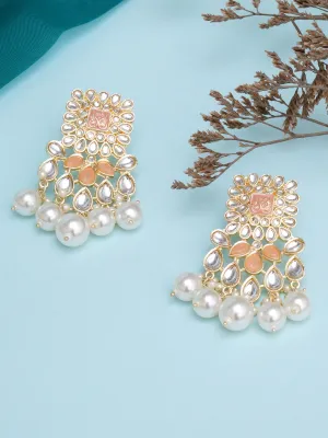 Karatcart Gold Plated Peach and Pearl Studded Kundan Dangler Earrings for Women