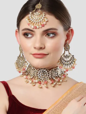Karatcart Gold Plated Peach and Pink Beads Kundan Choker Necklace Set for Women