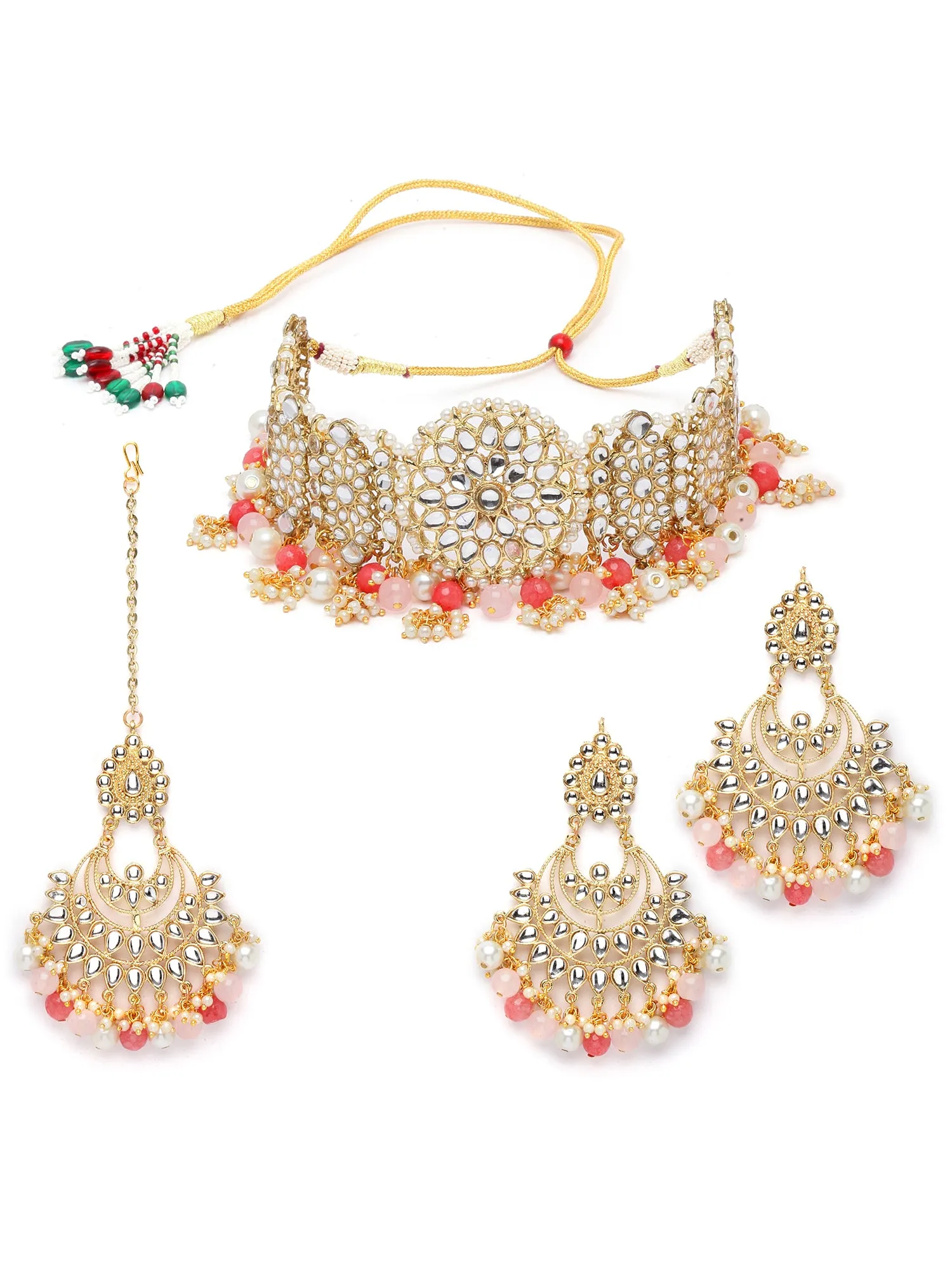 Karatcart Gold Plated Peach and Pink Beads Kundan Choker Necklace Set for Women
