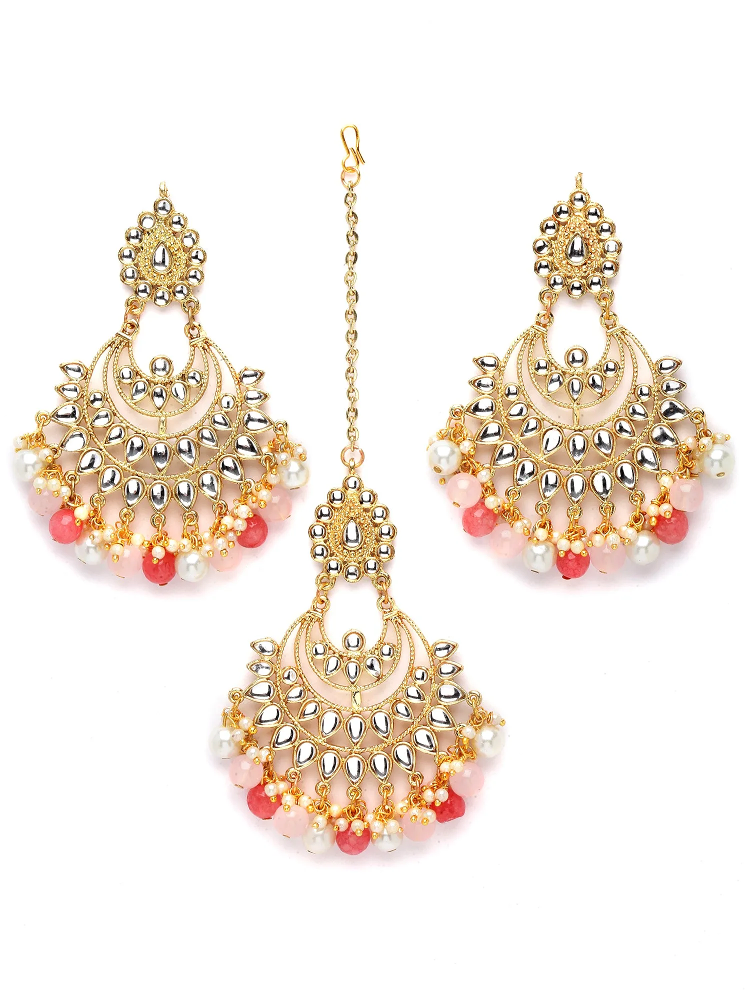 Karatcart Gold Plated Peach and Pink Beads Kundan Choker Necklace Set for Women