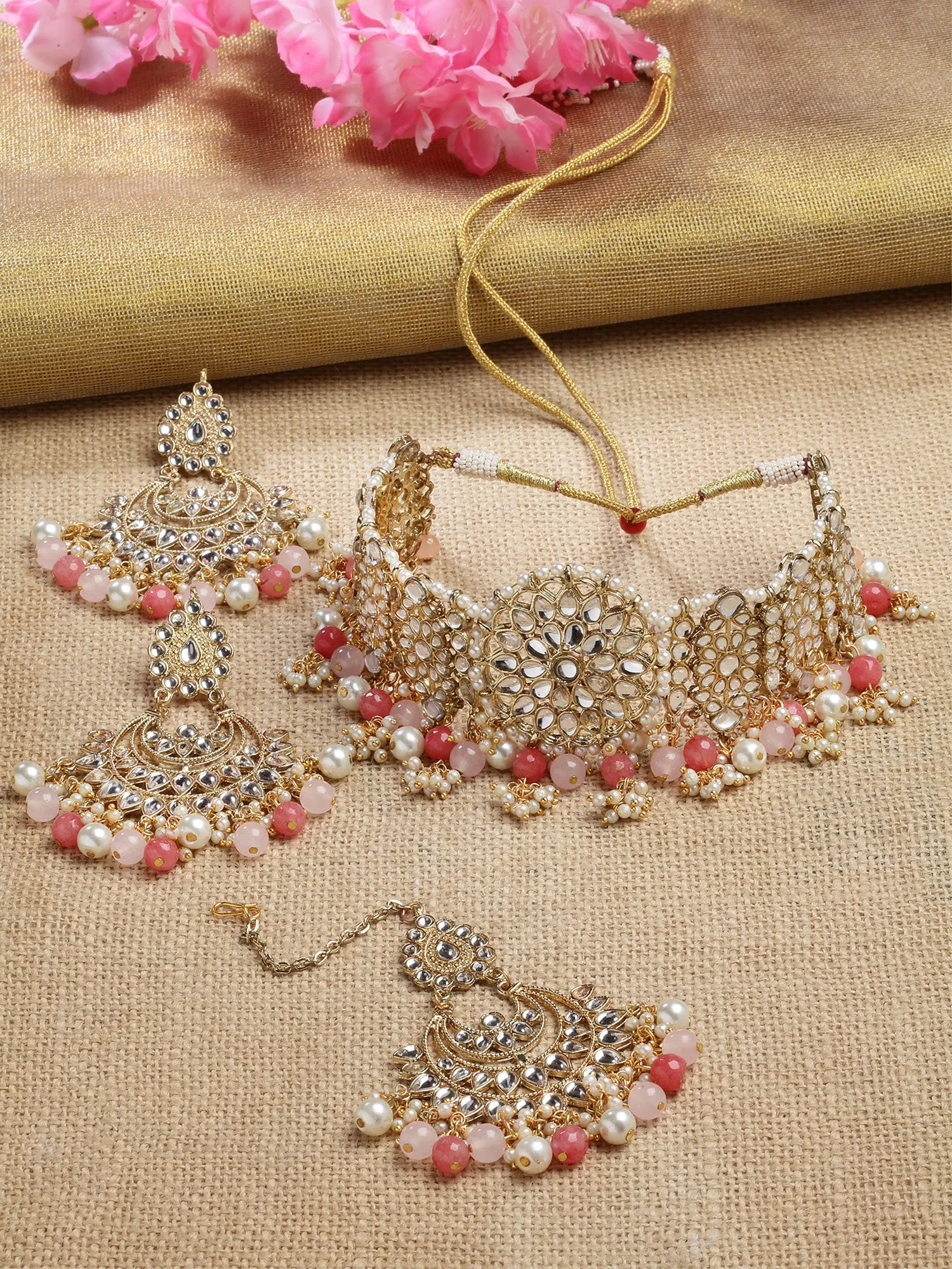 Karatcart Gold Plated Peach and Pink Beads Kundan Choker Necklace Set for Women
