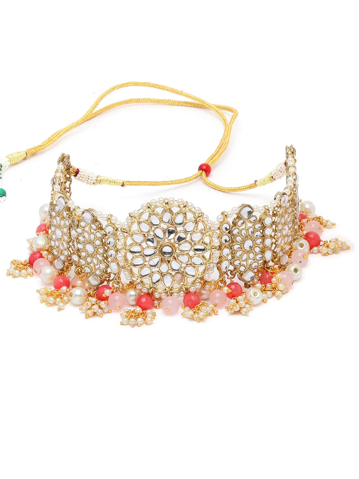 Karatcart Gold Plated Peach and Pink Beads Kundan Choker Necklace Set for Women