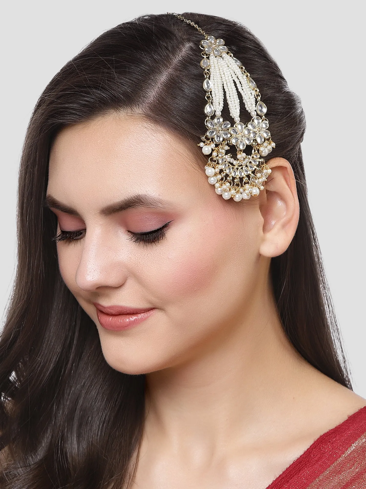 Karatcart Gold Plated Pearl Beads Studded Floral Design Kundan Passa for Women