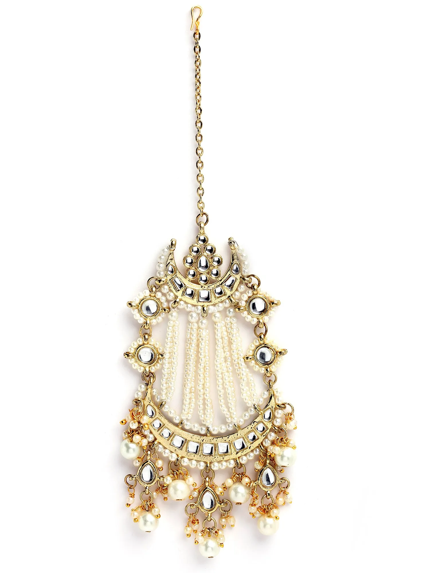 Karatcart Gold Plated Pearl Beads Studded Moon Design Kundan Passa for Women