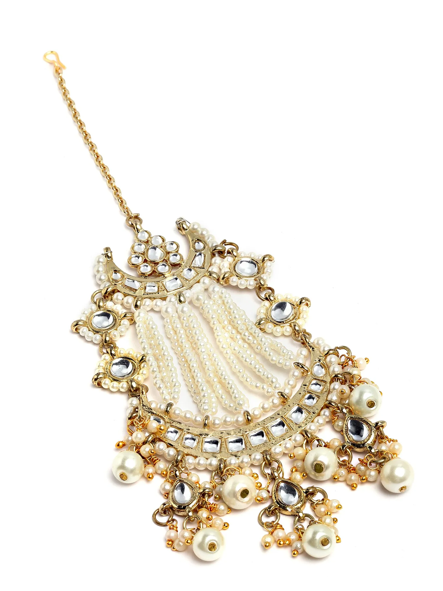 Karatcart Gold Plated Pearl Beads Studded Moon Design Kundan Passa for Women