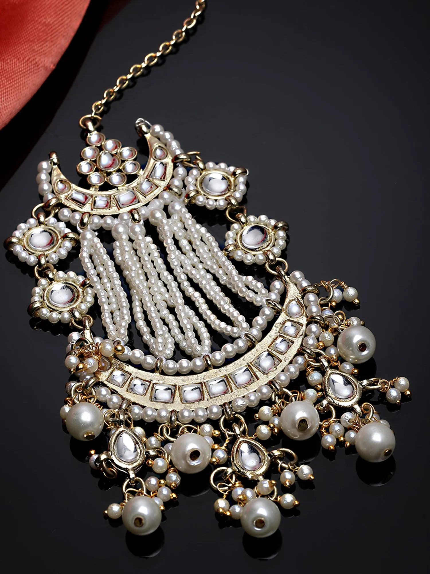 Karatcart Gold Plated Pearl Beads Studded Moon Design Kundan Passa for Women