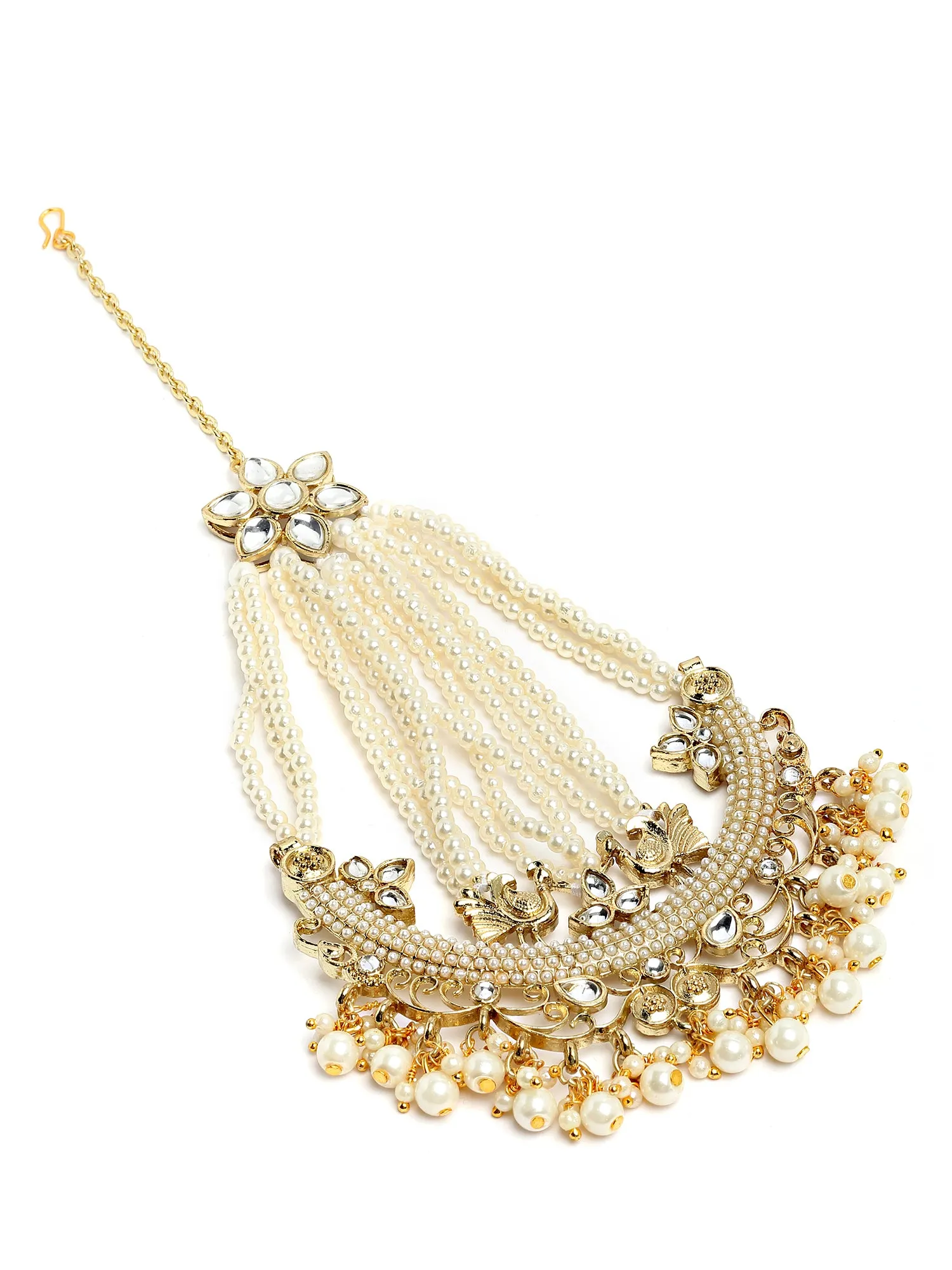 Karatcart Gold Plated Pearl Beads Studded Peacock Design Kundan Passa for Women