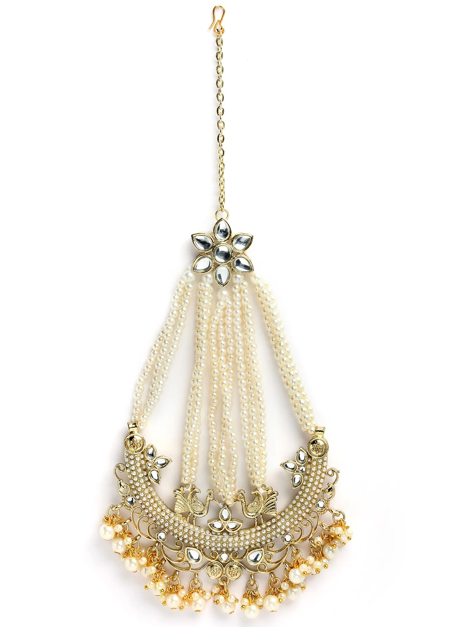 Karatcart Gold Plated Pearl Beads Studded Peacock Design Kundan Passa for Women