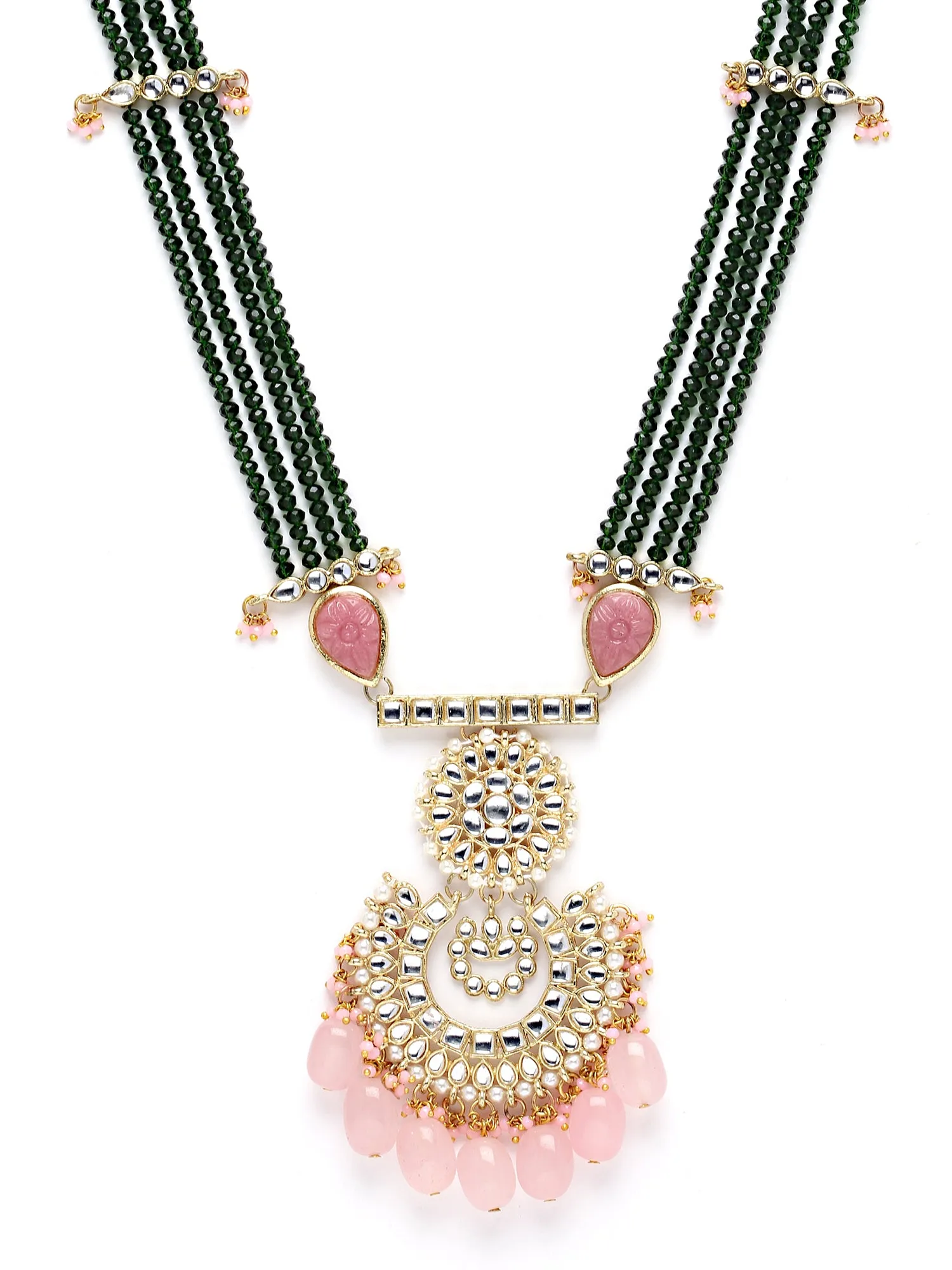 Karatcart Gold Plated Pink Tumble and Green Crystals Studded Kundan Rani-Haar Necklace Set for Women