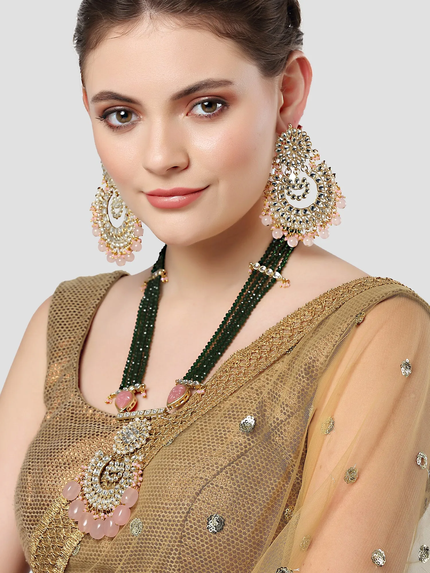 Karatcart Gold Plated Pink Tumble and Green Crystals Studded Kundan Rani-Haar Necklace Set for Women