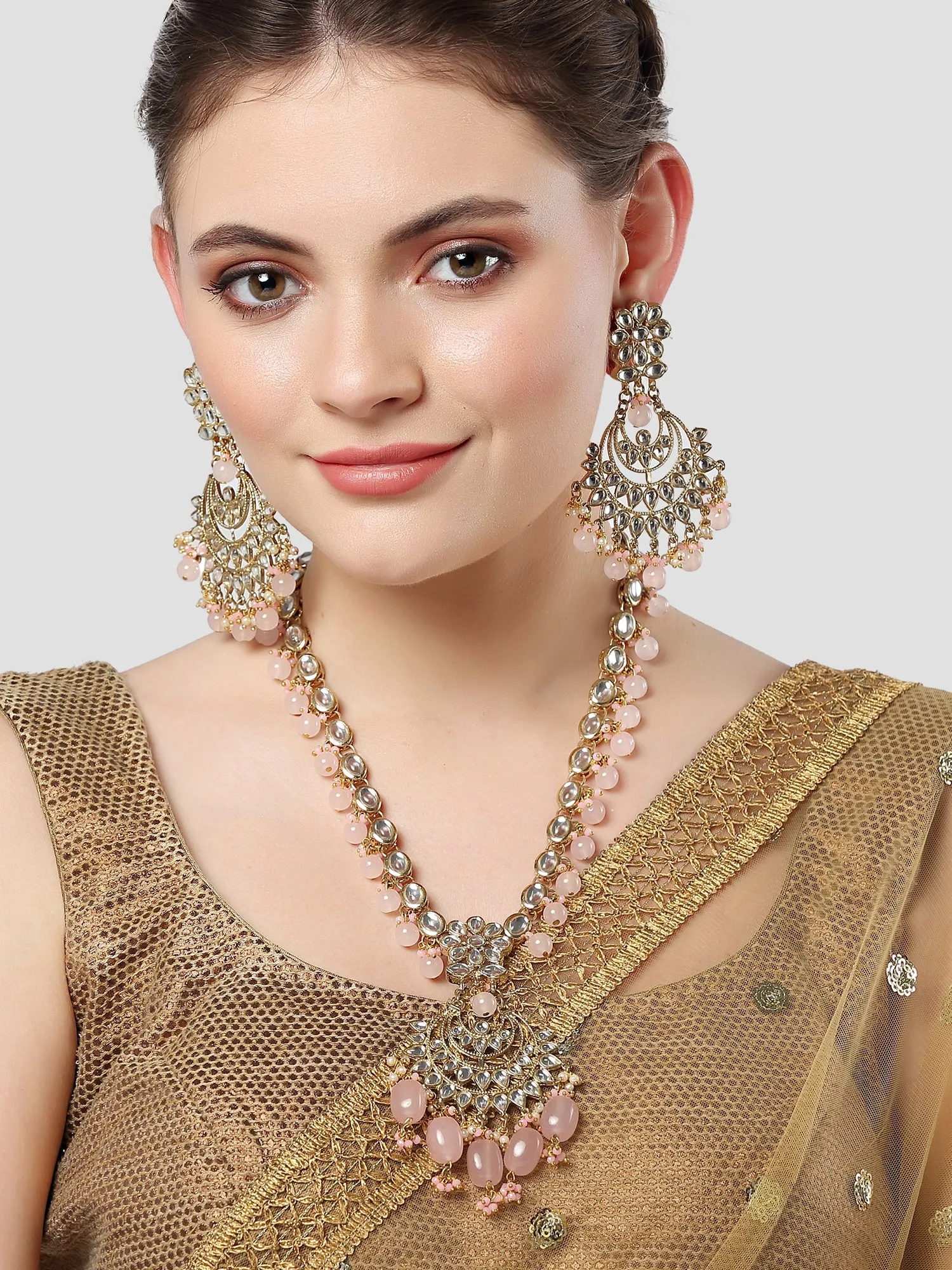 Karatcart Gold Plated Pink Tumble Studded Kundan Rani-Haar Necklace Set for Women