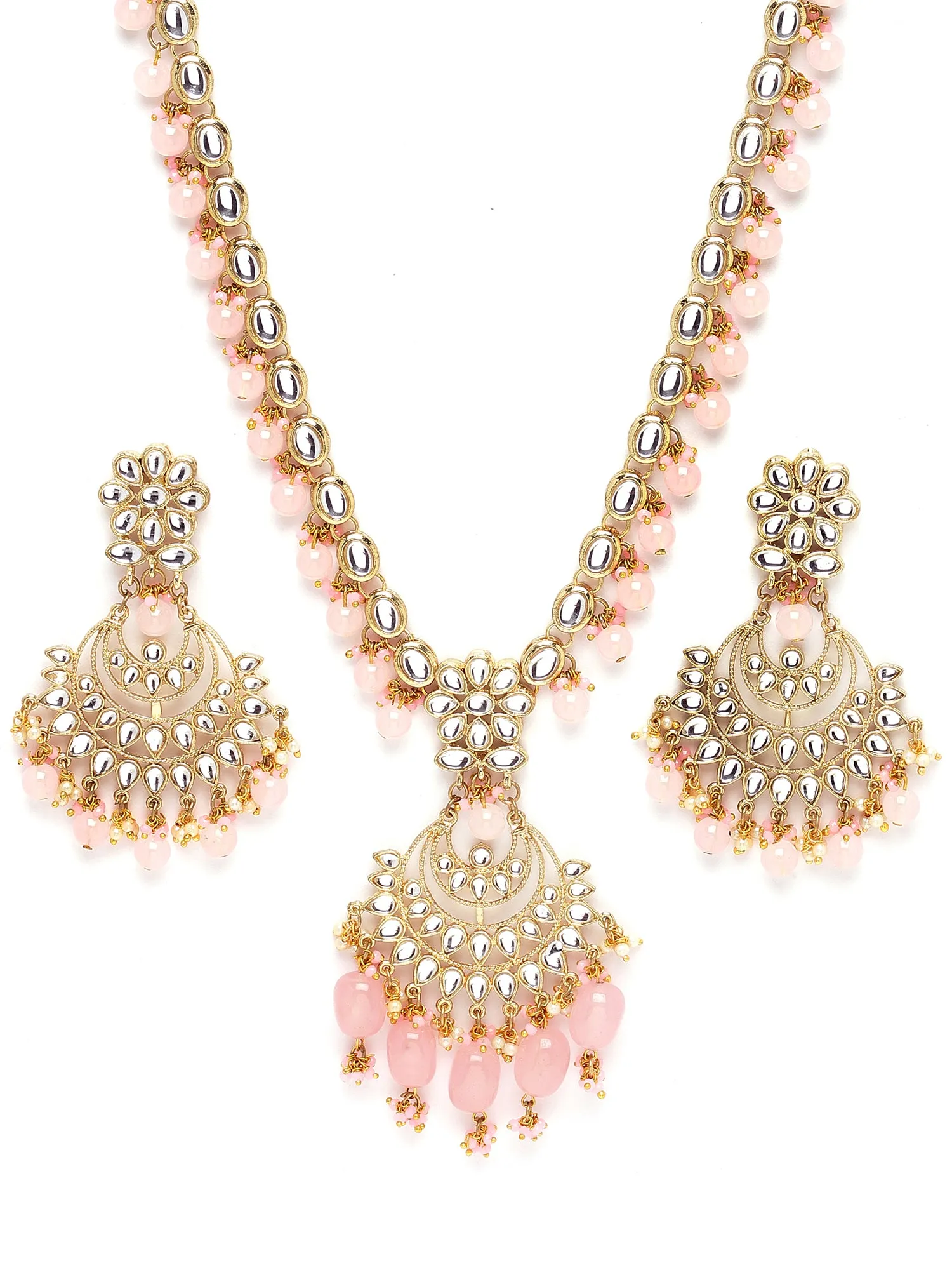 Karatcart Gold Plated Pink Tumble Studded Kundan Rani-Haar Necklace Set for Women