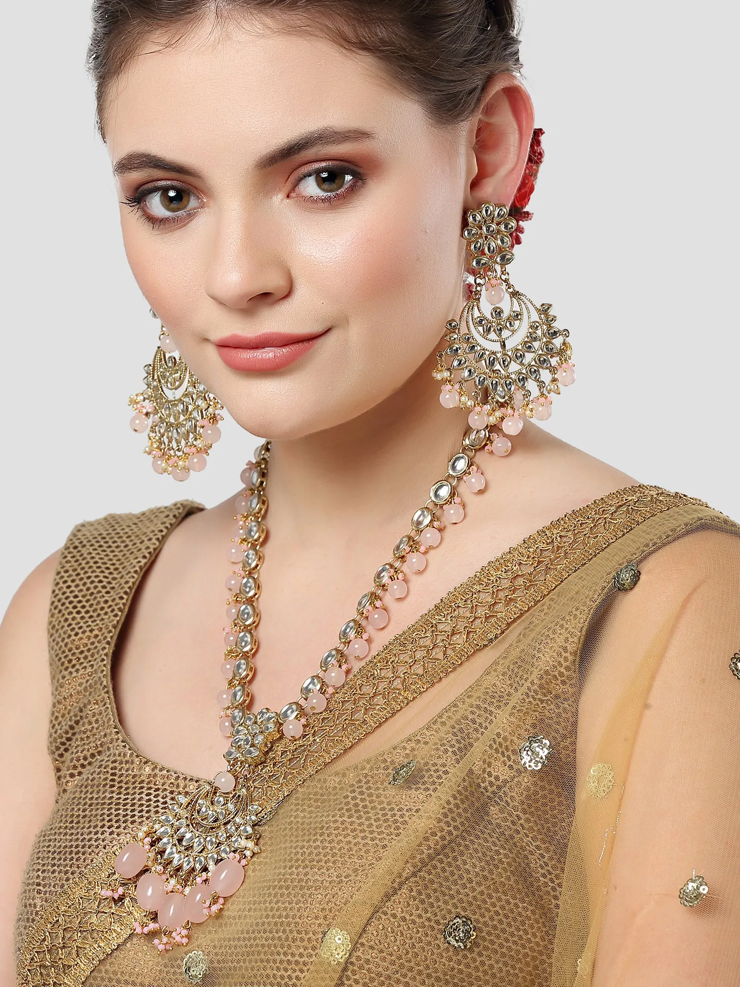 Karatcart Gold Plated Pink Tumble Studded Kundan Rani-Haar Necklace Set for Women