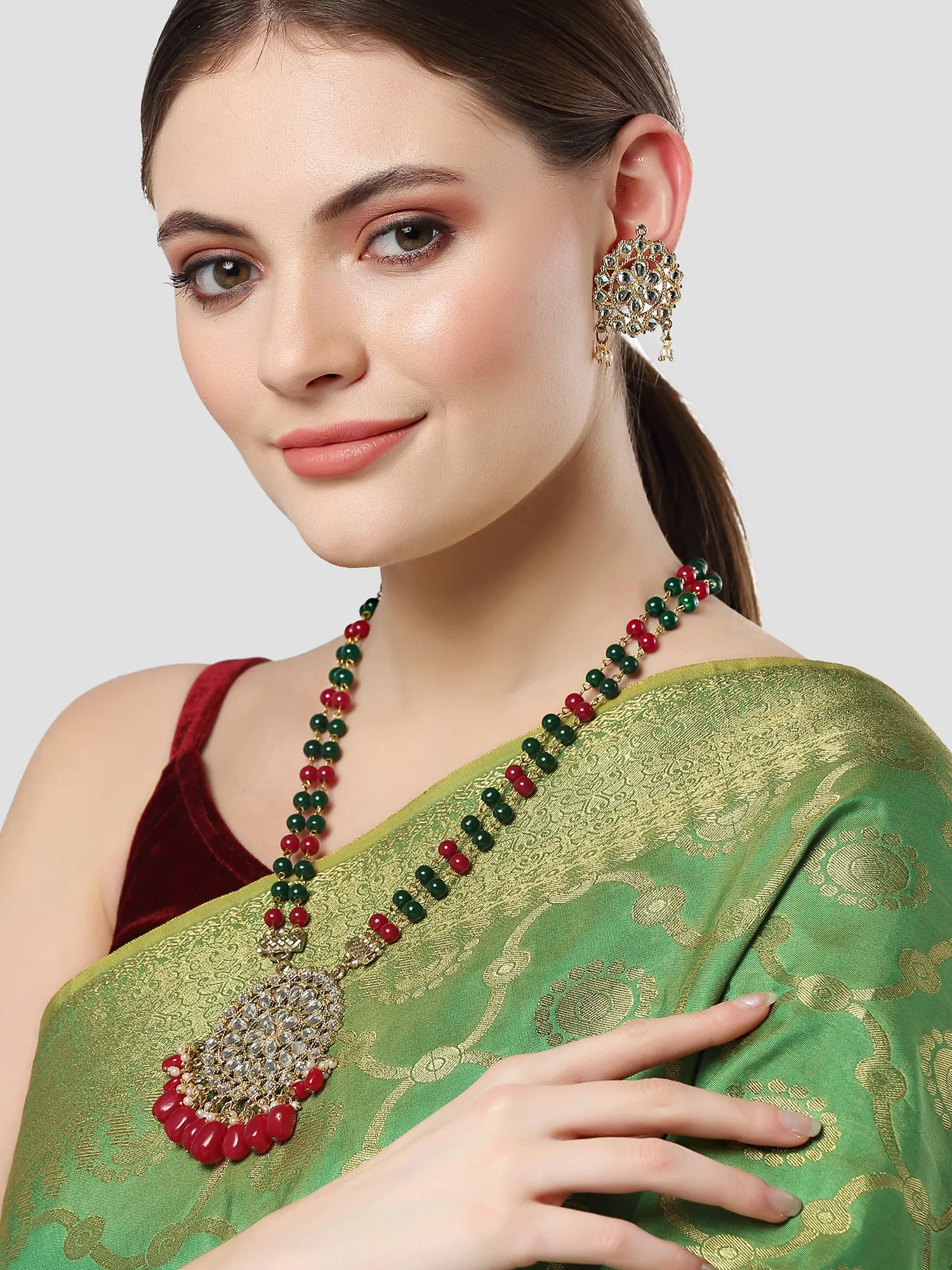 Karatcart Gold Plated Red and Green Beads Kundan Rani Haar Necklace Set for Women