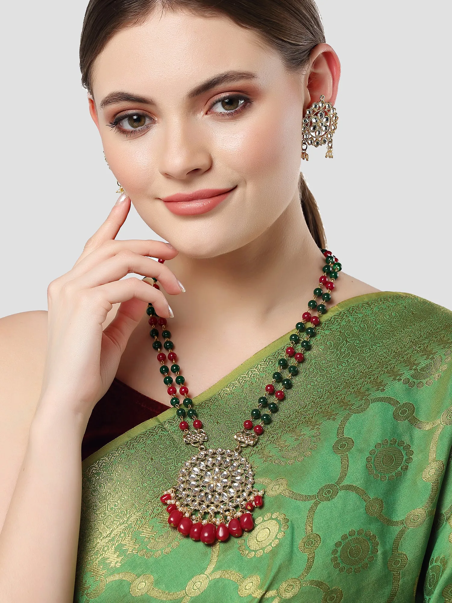 Karatcart Gold Plated Red and Green Beads Kundan Rani Haar Necklace Set for Women
