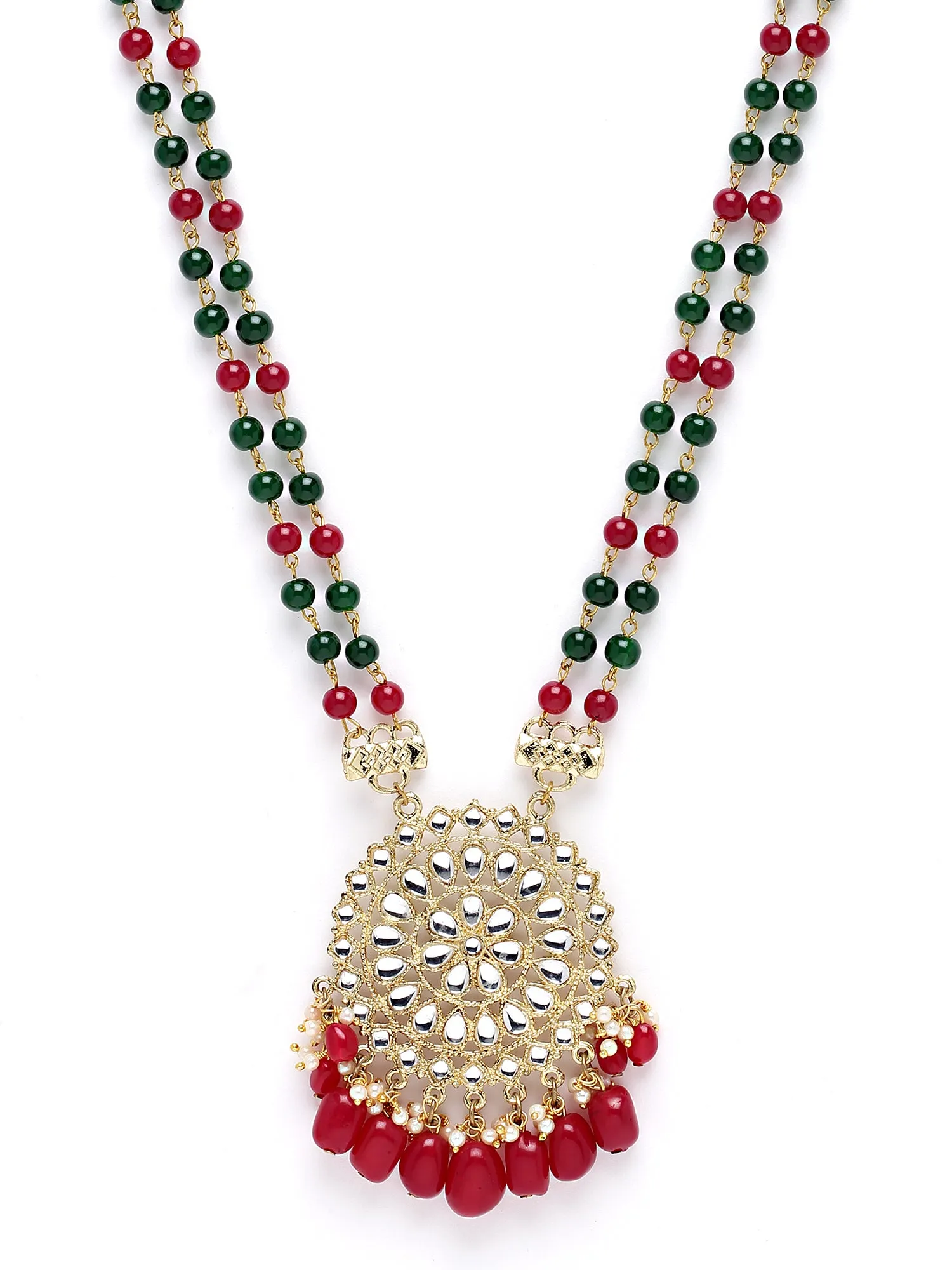 Karatcart Gold Plated Red and Green Beads Kundan Rani Haar Necklace Set for Women