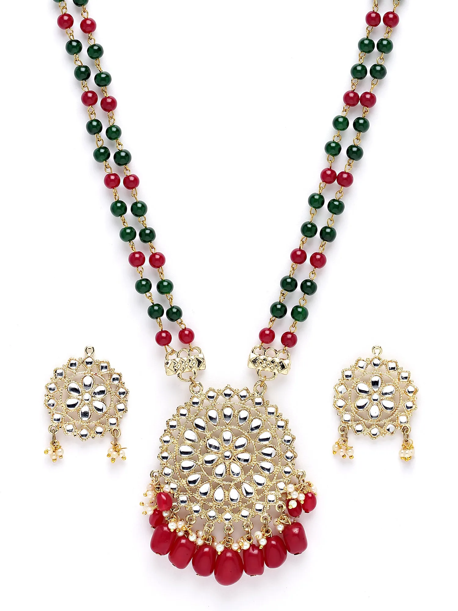Karatcart Gold Plated Red and Green Beads Kundan Rani Haar Necklace Set for Women
